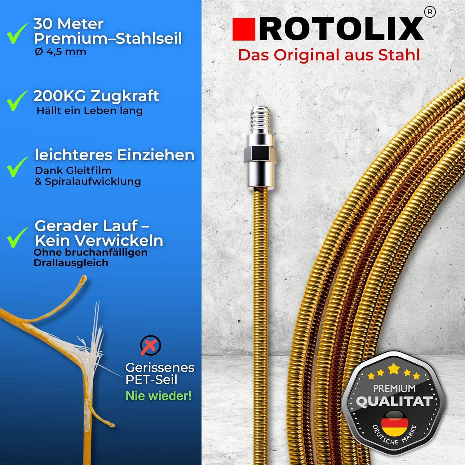 Thumbnail 1 de ROTOLIX Kabeleinziehhilfe Einziehspirale 30 m mit Premium-Stahlseil (200 kg Zugkraft)
