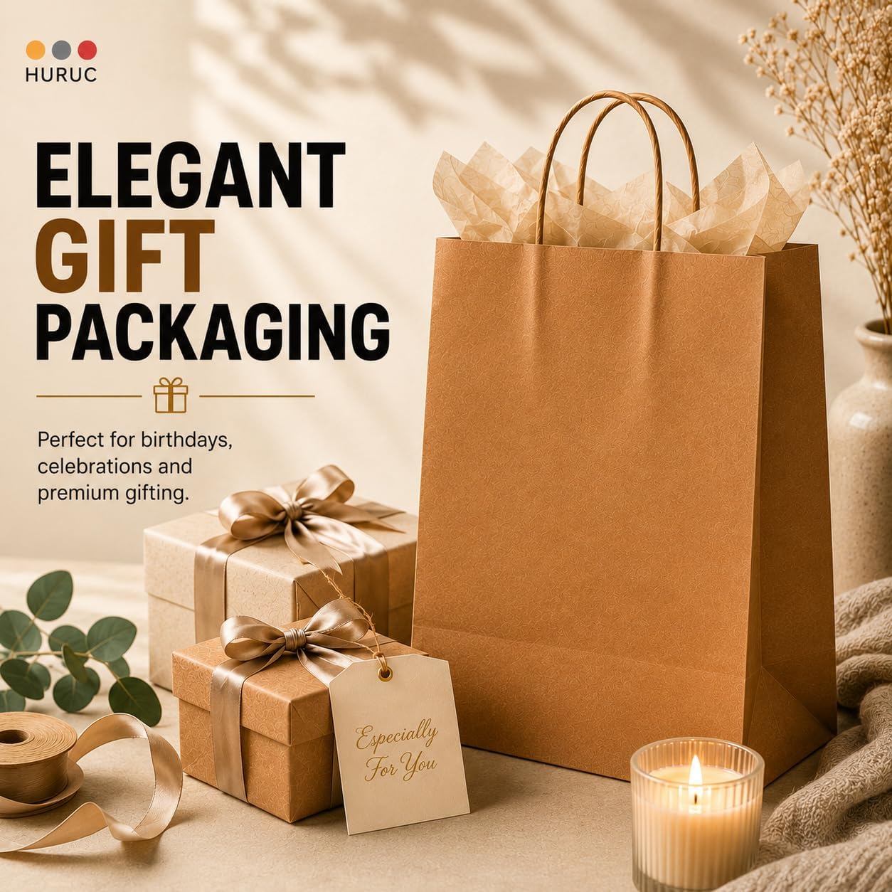 Detalle 2 de HURUC 100 pcs Brown Paper Bags with Handles (130GSM kraft), small gift carrier bags for parties & everyday use (18x24x8cm)
