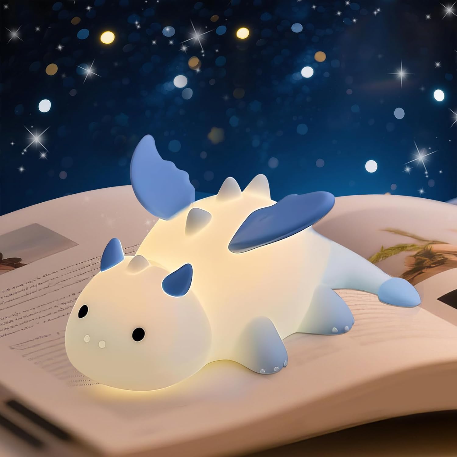 Detalle de AVEKI Night Light for Kids – Cute Milk Dragon Silicone Lamp (Blue) with 7 Colours, Dimmable & Rechargeable