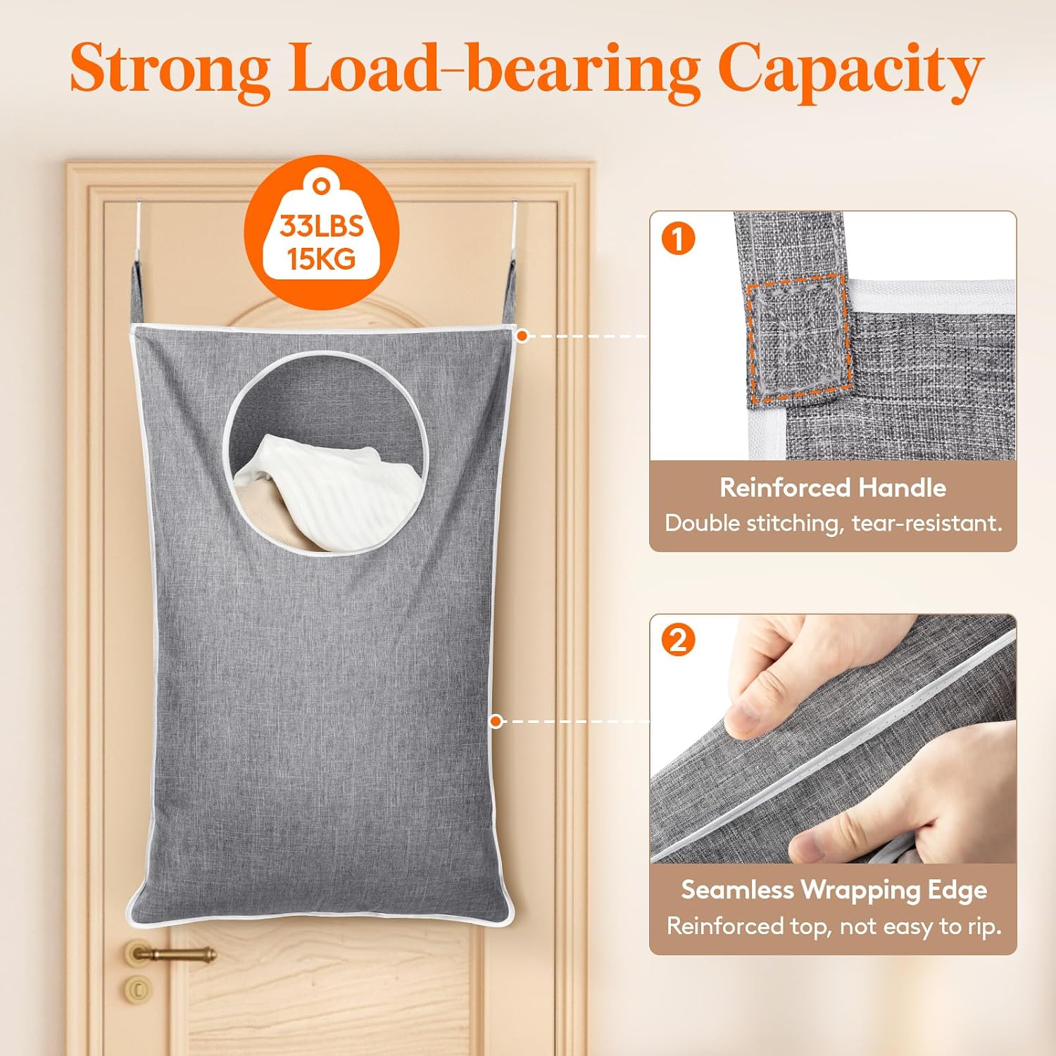 Detalle de Lifewit 24411 Hanging Laundry Hamper, Foldable, Light Grey, 92 x 57 cm