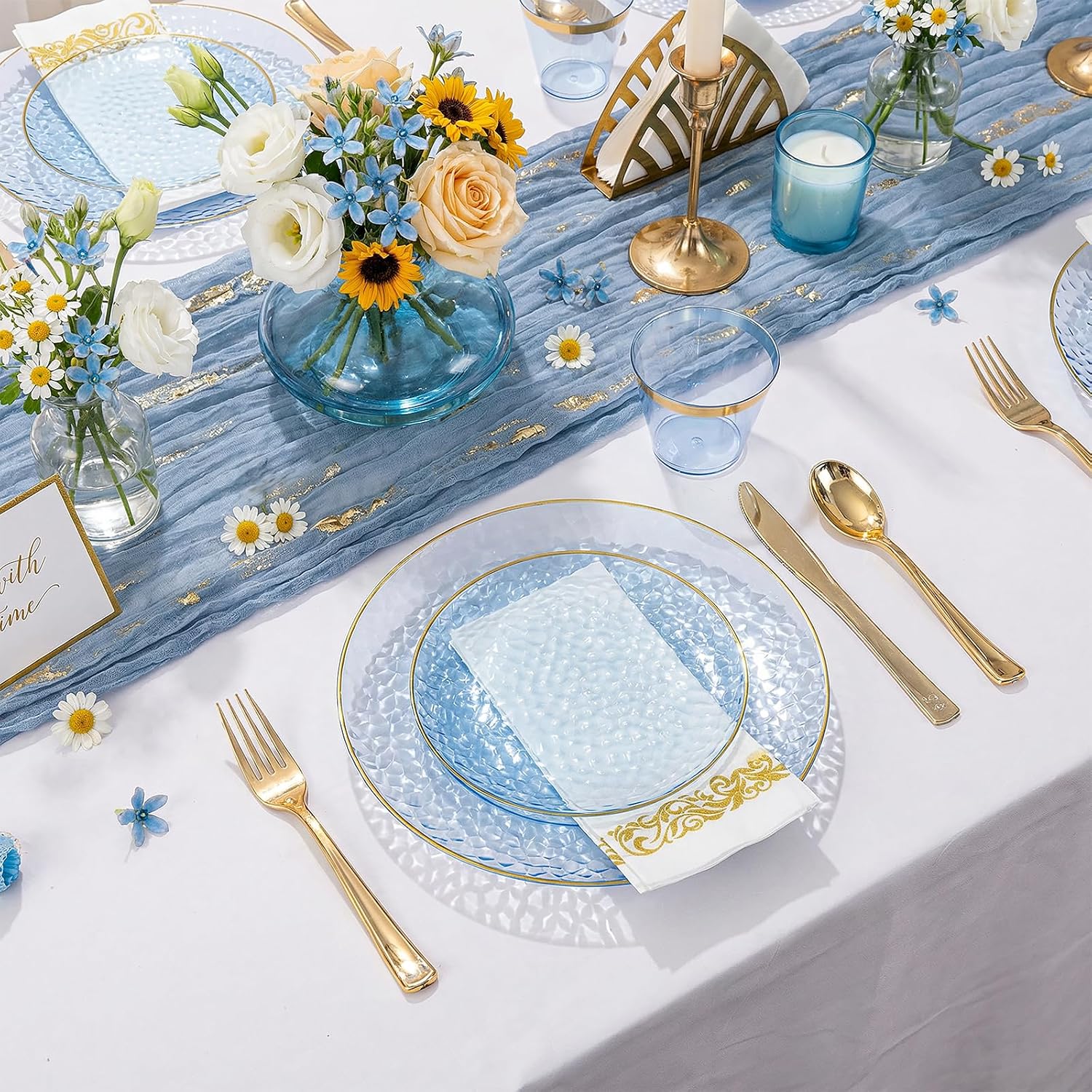 Thumbnail 4 de Rubtlamp 350 Pcs Blue Gold Hammered Plastic Dinnerware Set for 50 Guests