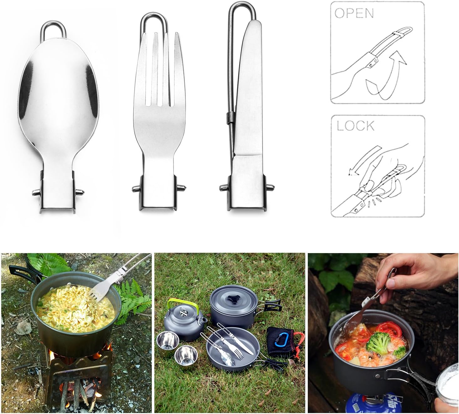 Detalle de Odoland Geschirr-Set für 1–2 Personen – 10-teiliges Kochset fürs Camping (faltbare Griffe, Aluminium, Tragetasche)