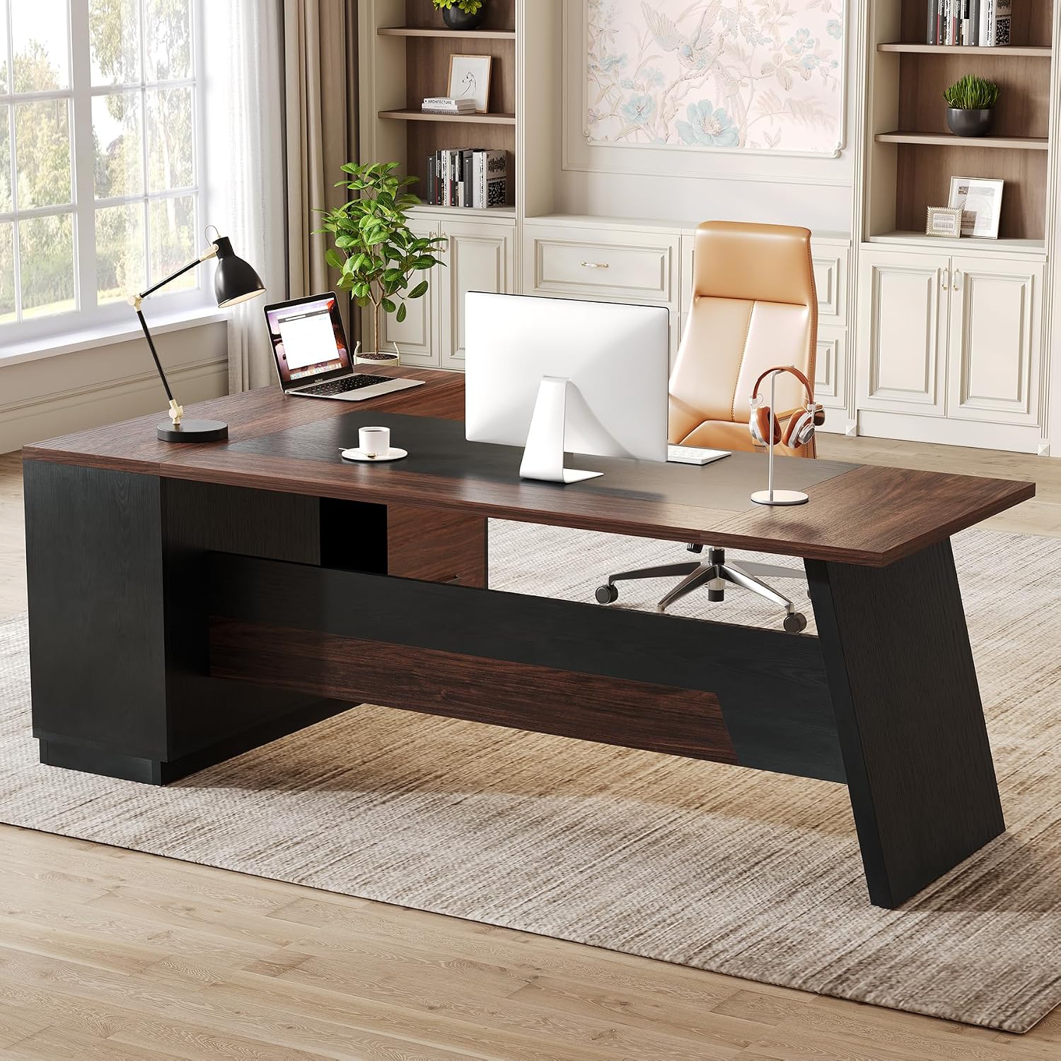 Detalle de LITTLE TREE NY310 Executive Office Desk, 78-Inch L-Shape with 3-Drawer Cabinet