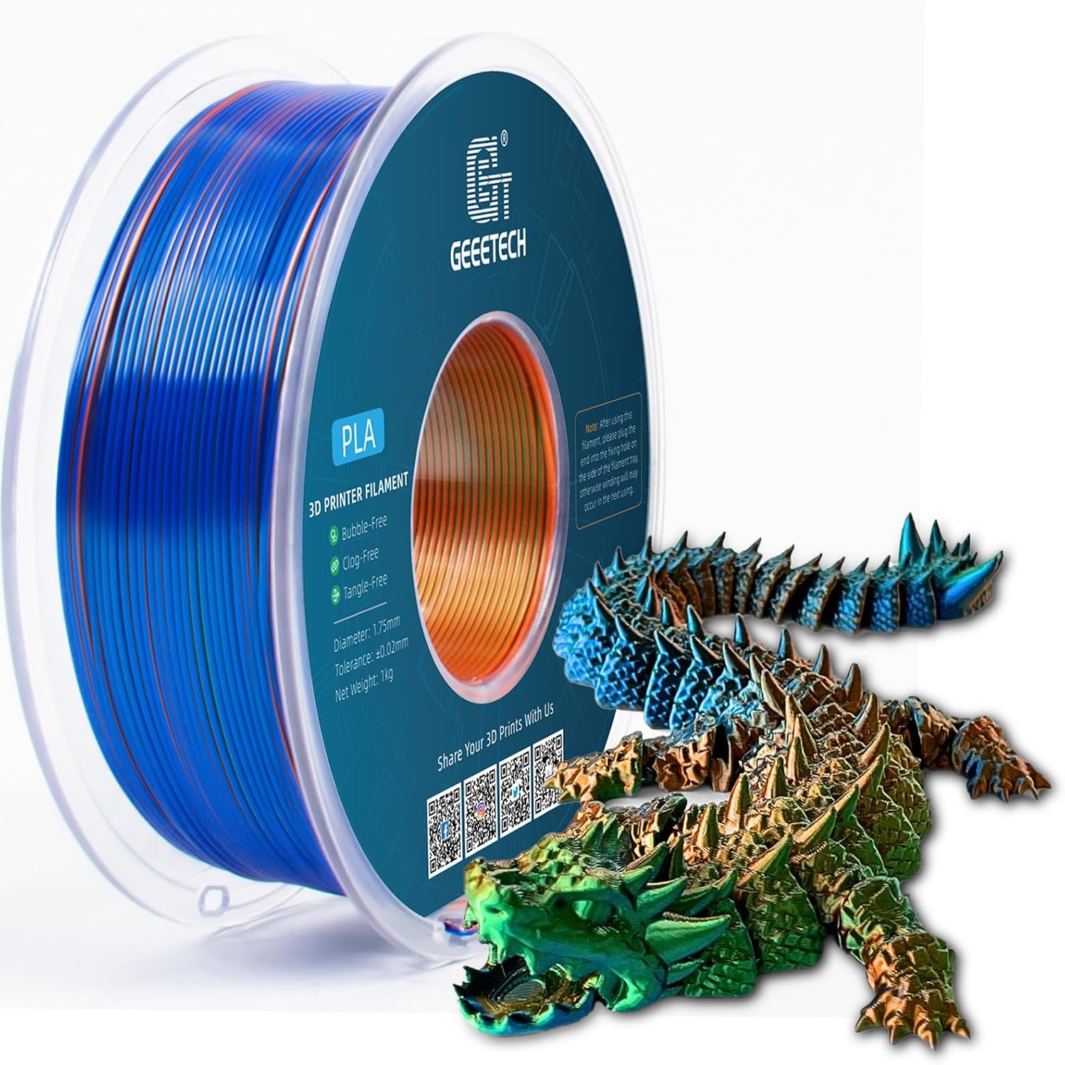 Detalle de GEEETECH Tricolor Silk PLA Filament 1.75 mm – 1 kg Spool (Silk Orange Blue Green)