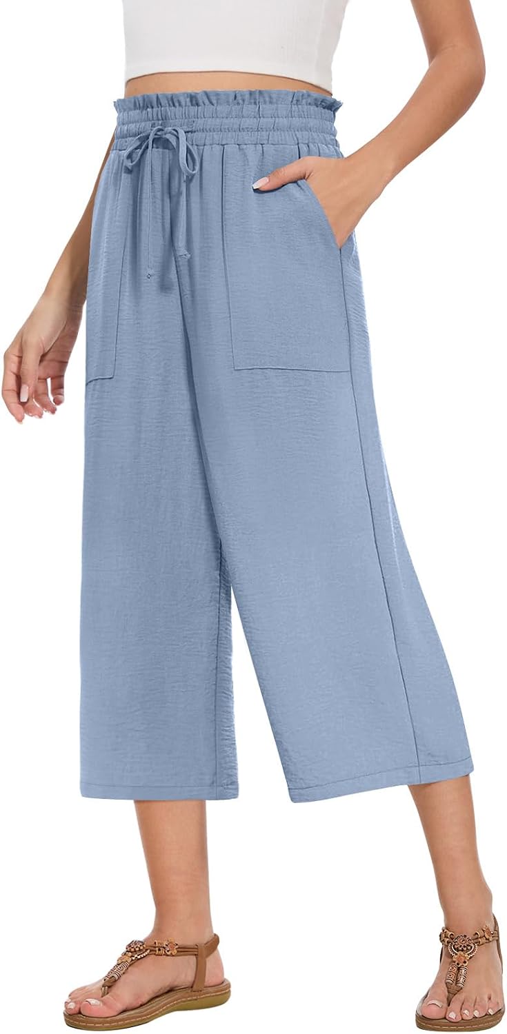 Detalle de MLXSJ Women's Capri Pants: Summer Wide-Leg High-Waisted Drawstring Trousers with Pockets