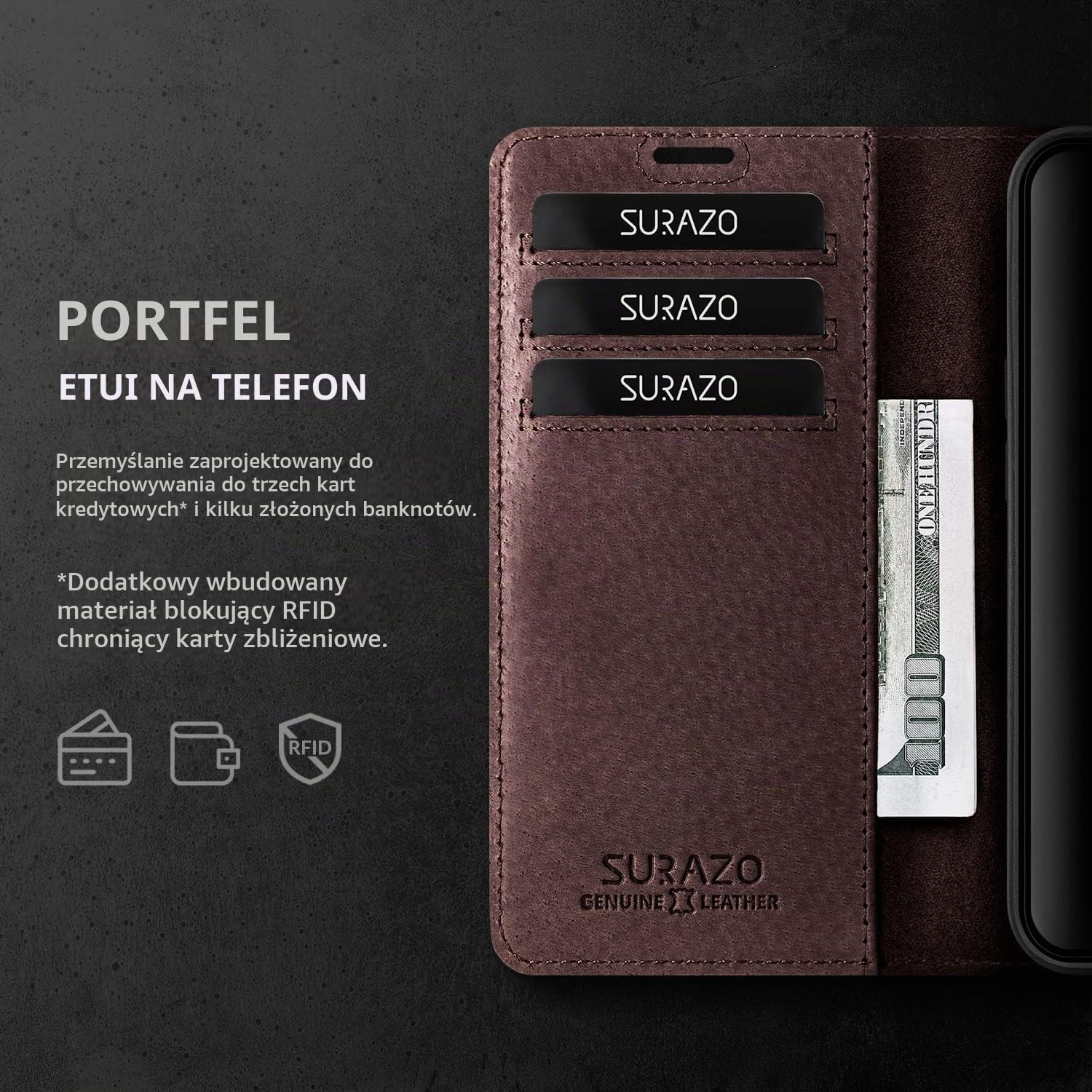 Detalle 2 de SURAZO – skórzane etui z klapką do Samsung Galaxy A14 5G, RFID, kwiatowy wzór