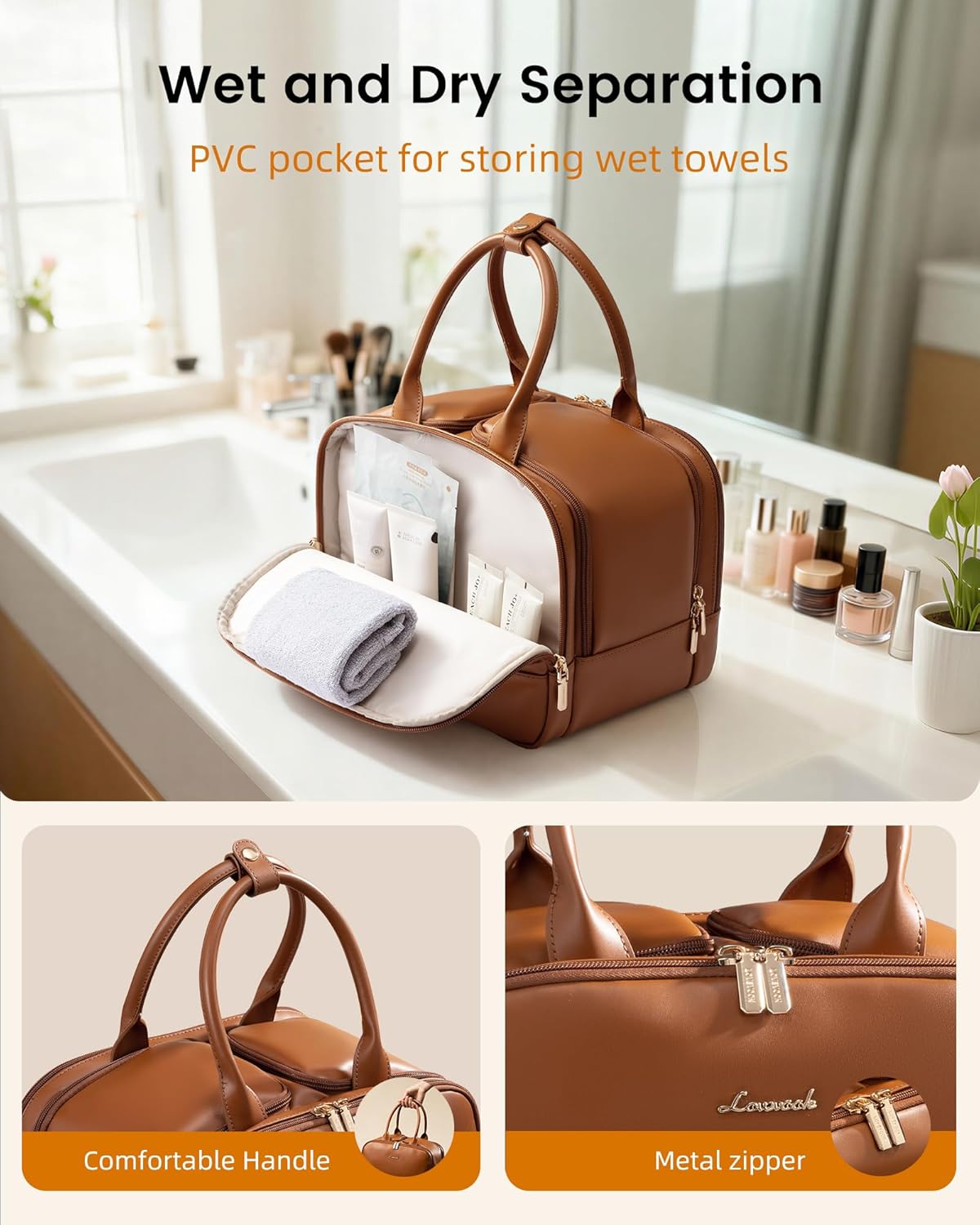 Detalle 2 de LOVEVOOK Travel Toiletry Bag for Women — Leather Large, Wide-Open Makeup Bag and Waterproof Organizer