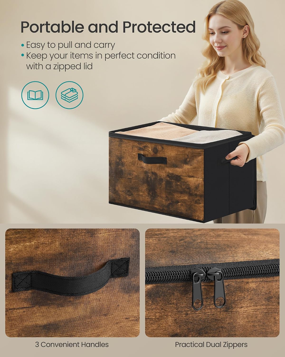 Detalle de SONGMICS RYZ050BH02 Foldable Storage Boxes, Set of 3, 45L, Zip Lids