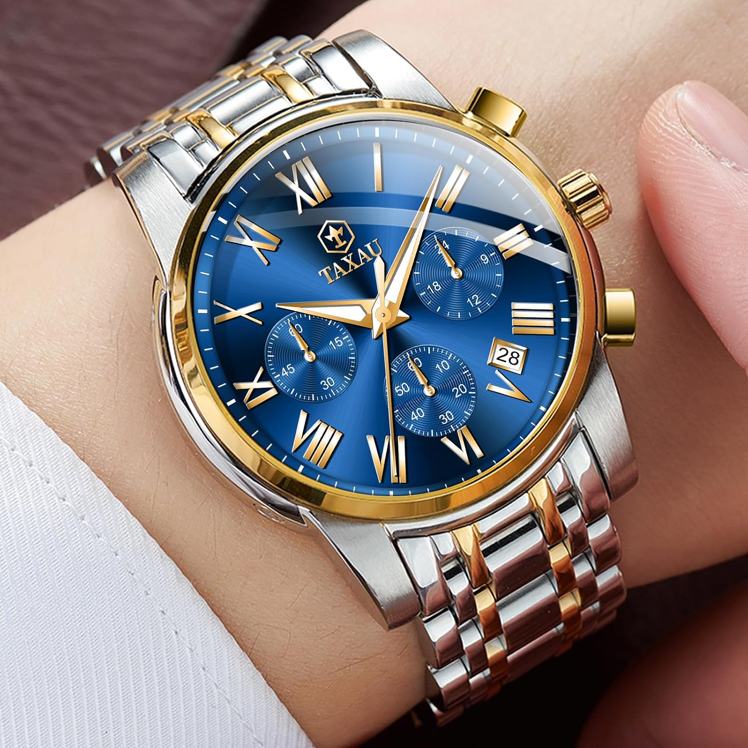 Thumbnail 1 de Taxau Multifunktionsuhr für Männer aus Edelstahl mit Chronograph, römischem Zifferblatt und Datum