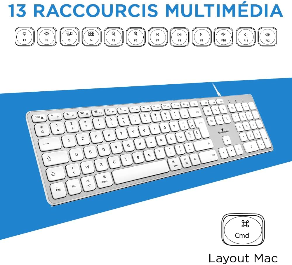 Thumbnail 3 de Bluestork Clavier Français AZERTY Filaire pour Mac — touches concaves silencieuses, 13 raccourcis multimédia, USB/USB-C