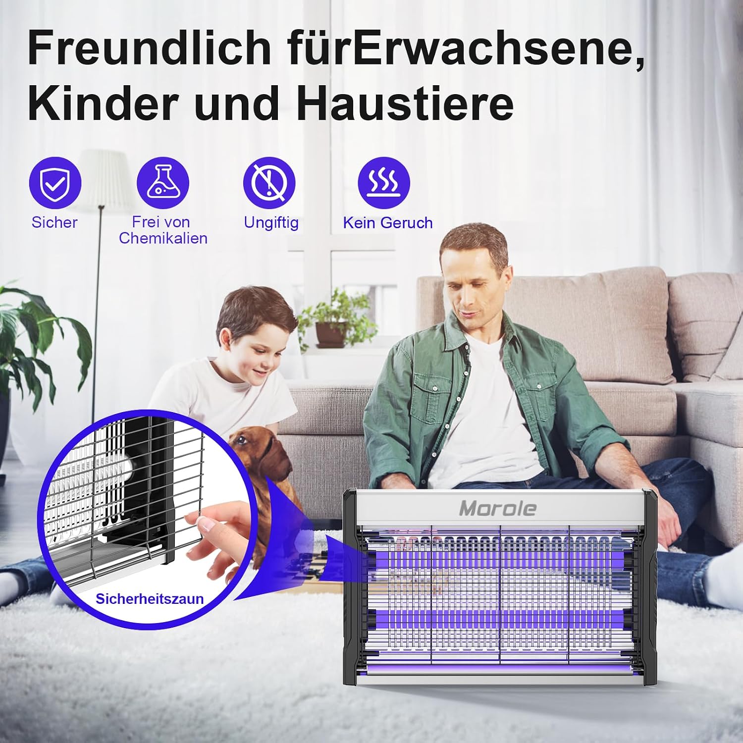 Detalle de Morole 3200V Insektenvernichter – 2 UV LED-Lampen, Wandmontage, Kabellösung, Innen & Außen