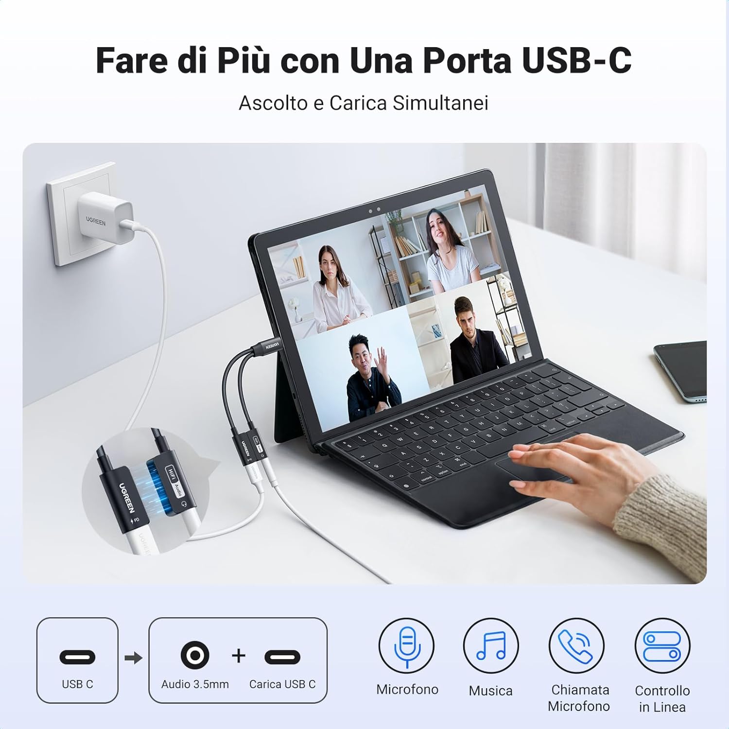 Detalle 2 de UGREEN Adattatore cuffie USB-C a Jack 3,5 mm con DAC Hi-Res 32 Bit/384 kHz, ricarica PD 60W magnetica 2 in 1