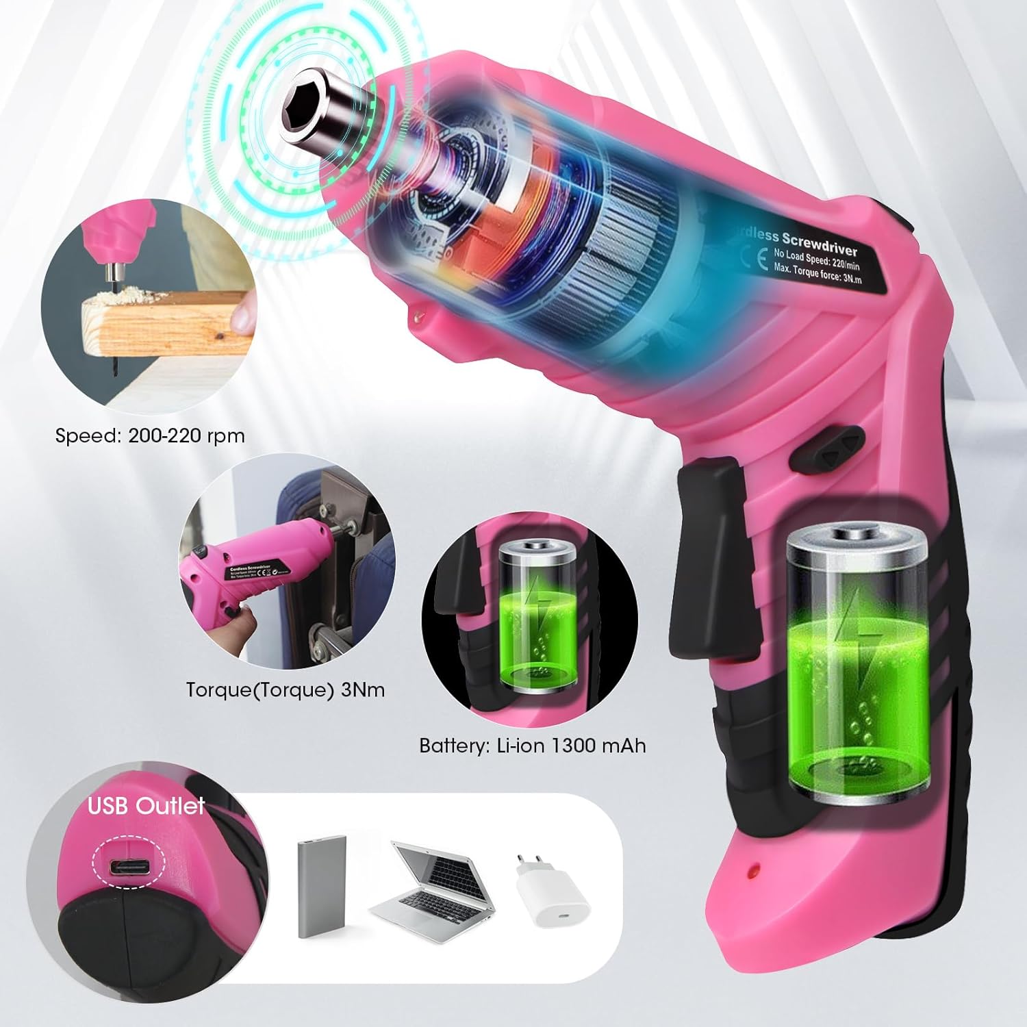 Detalle de Electric Drill Screwdriver 49-in-1: Portable Cordless Set with LED, 2-Position Handle and USB Charging