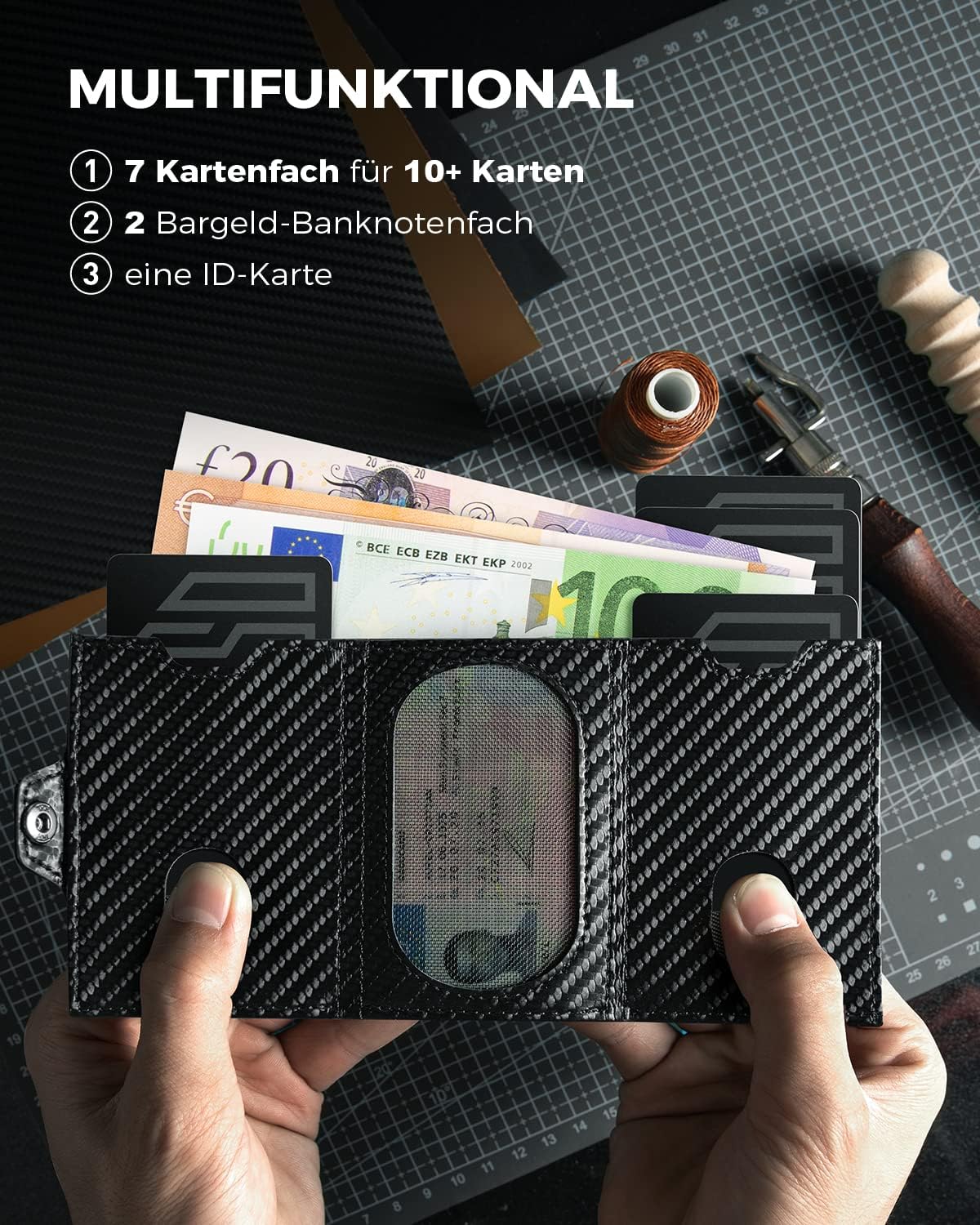 Detalle de DODENSHA Mini Geldbörse mit Münzfach und RFID-Schutz – Carbon, Slim Wallet