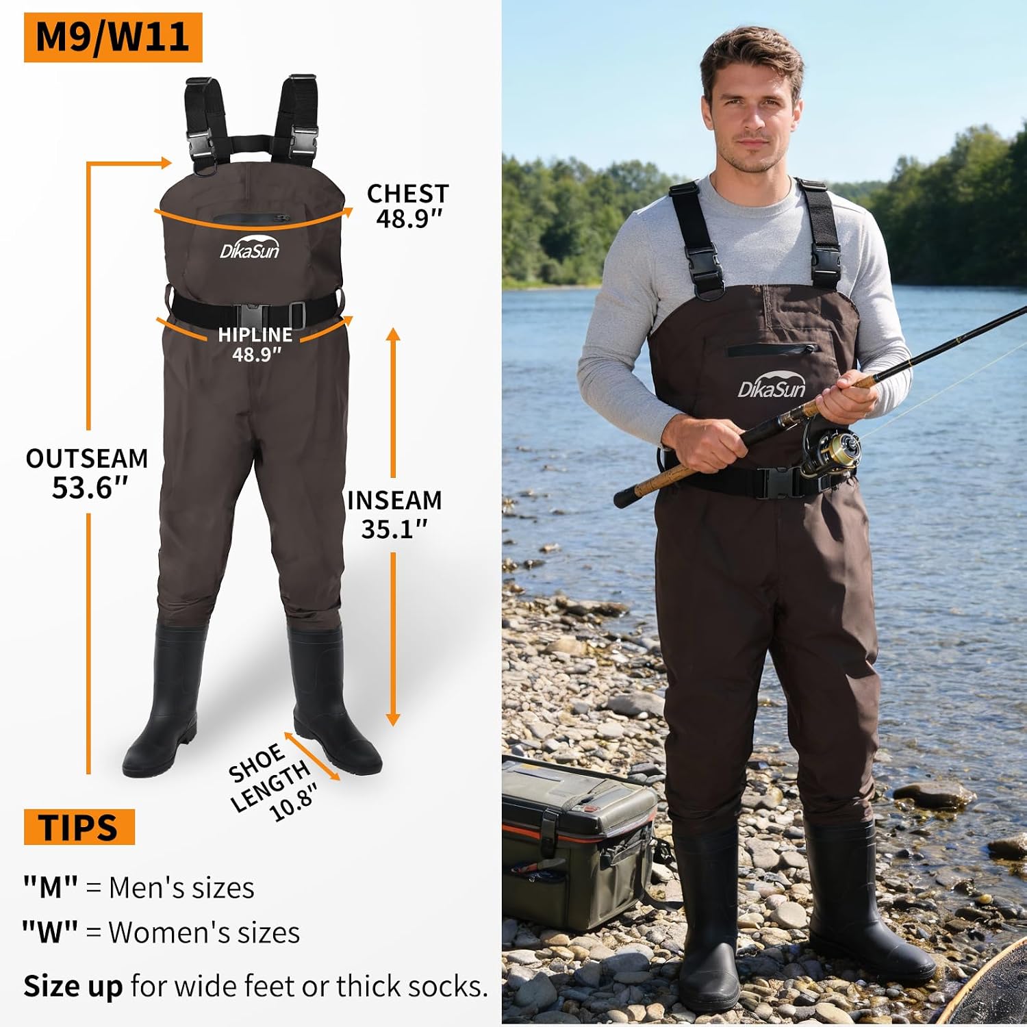 Thumbnail 4 de DikaSun Fishing Chest Waders, Waterproof 2-Ply Nylon/PVC Bootfoot, Brown, M9/W11