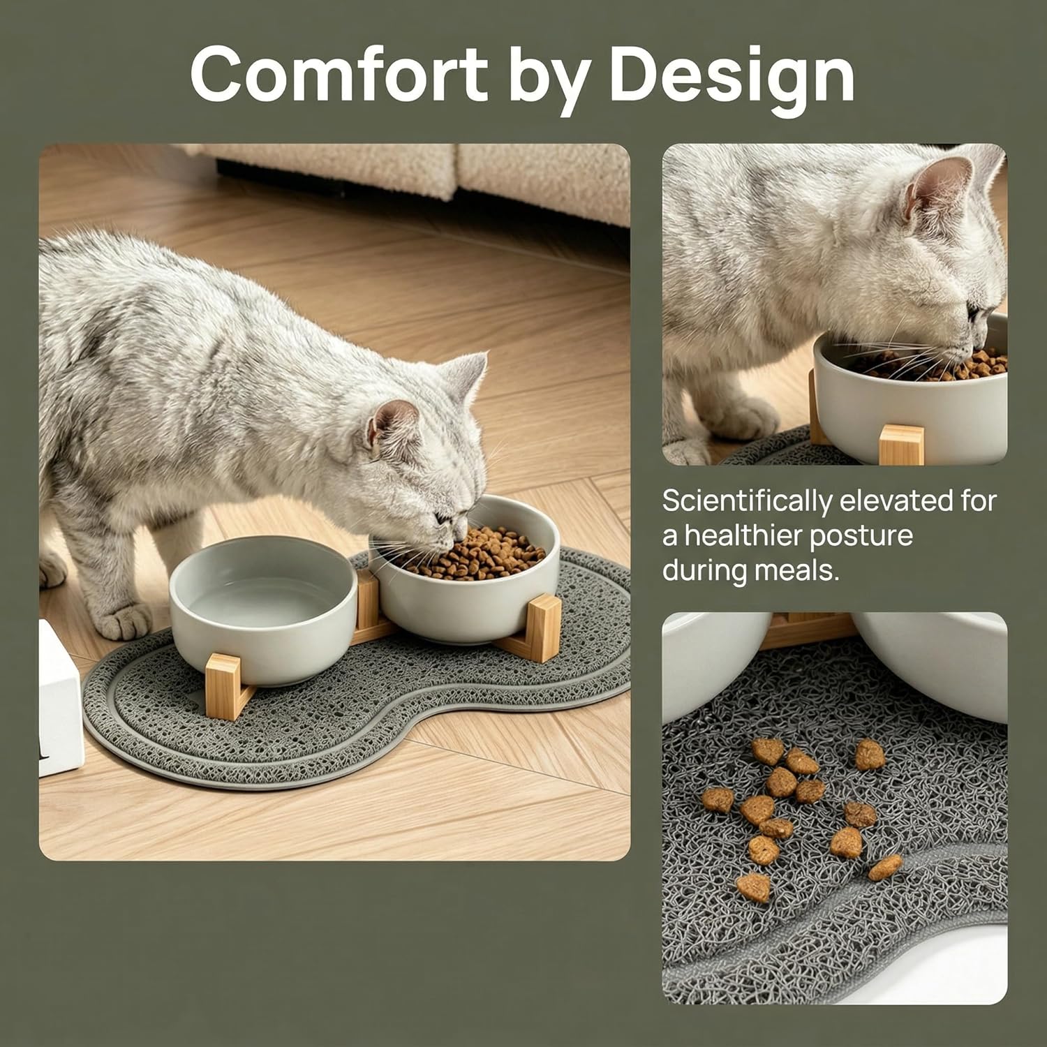 Detalle de Vurixfo Ceramic Pet Bowl Set with Stand & Non-Slip Mat (4 Pack) 400ml Grey