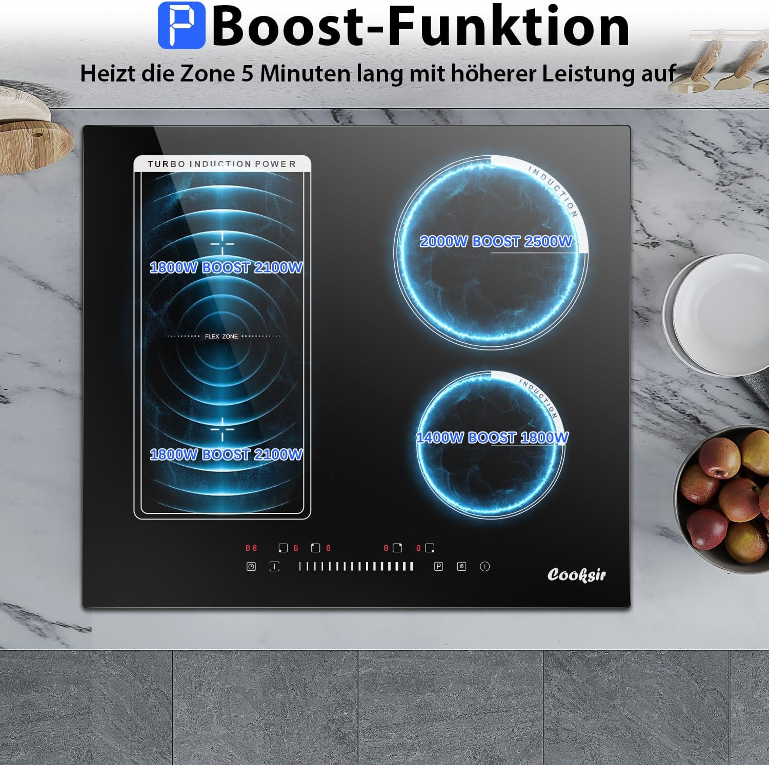 Detalle de Cooksir Induktionskochfeld 59 cm, 4 Platten, Stecker, 3.500 W – Slider-Touch mit Kombizone