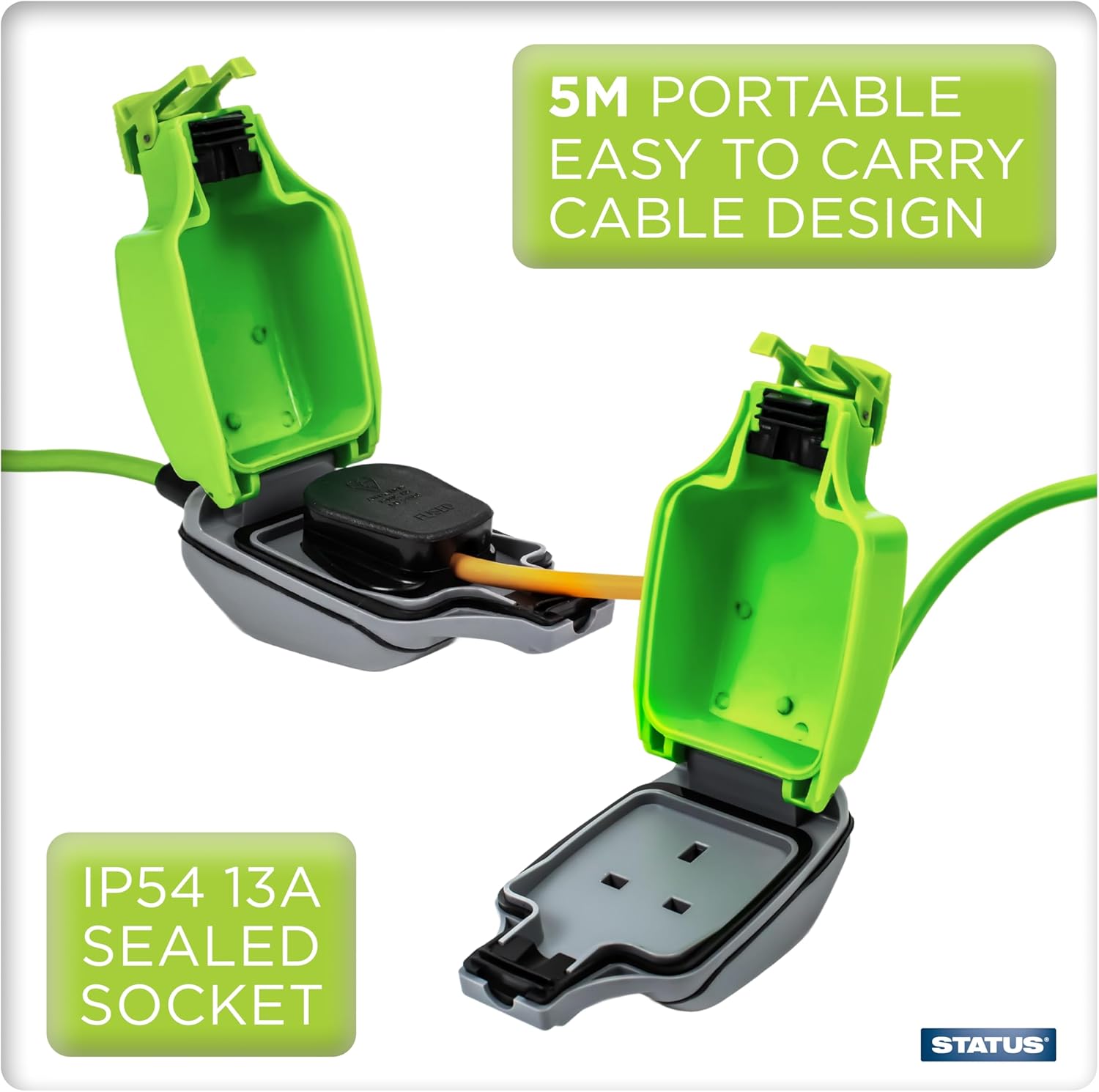 Detalle de STATUS 1 Socket Extension Lead 5m (Green) with Weatherproof 13A IP54 Sealed Socket