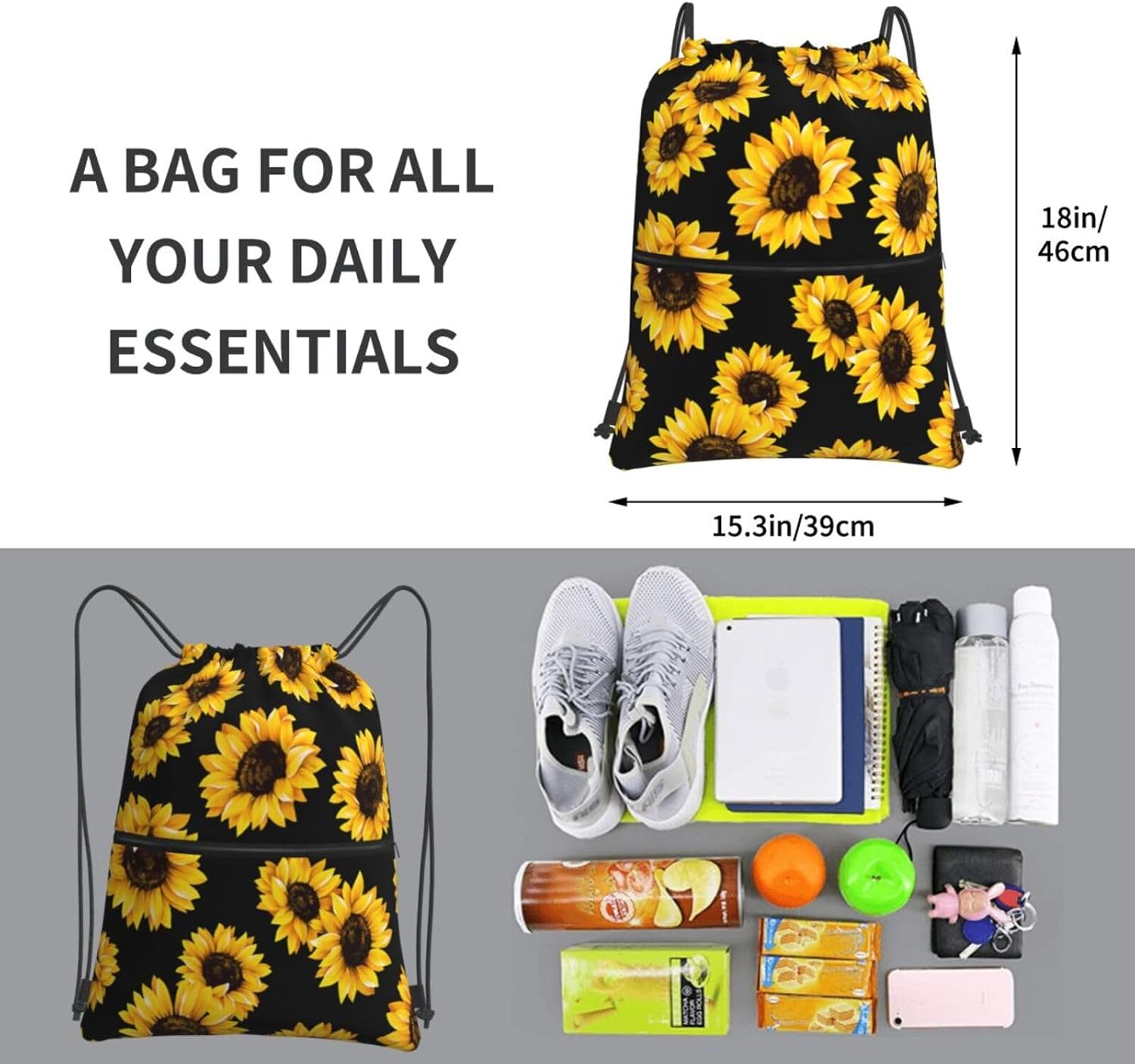 Detalle de Newhomestyle Summer Sunflower Drawstring Bag: Lightweight, Versatile Gym & Travel Sacks