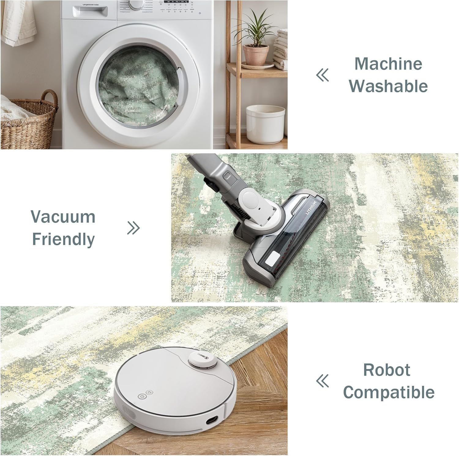 Thumbnail 2 de BEIMO Tapis moderne 200x290 cm motif abstrait vert sauge et beige – antidérapant et lavable en machine