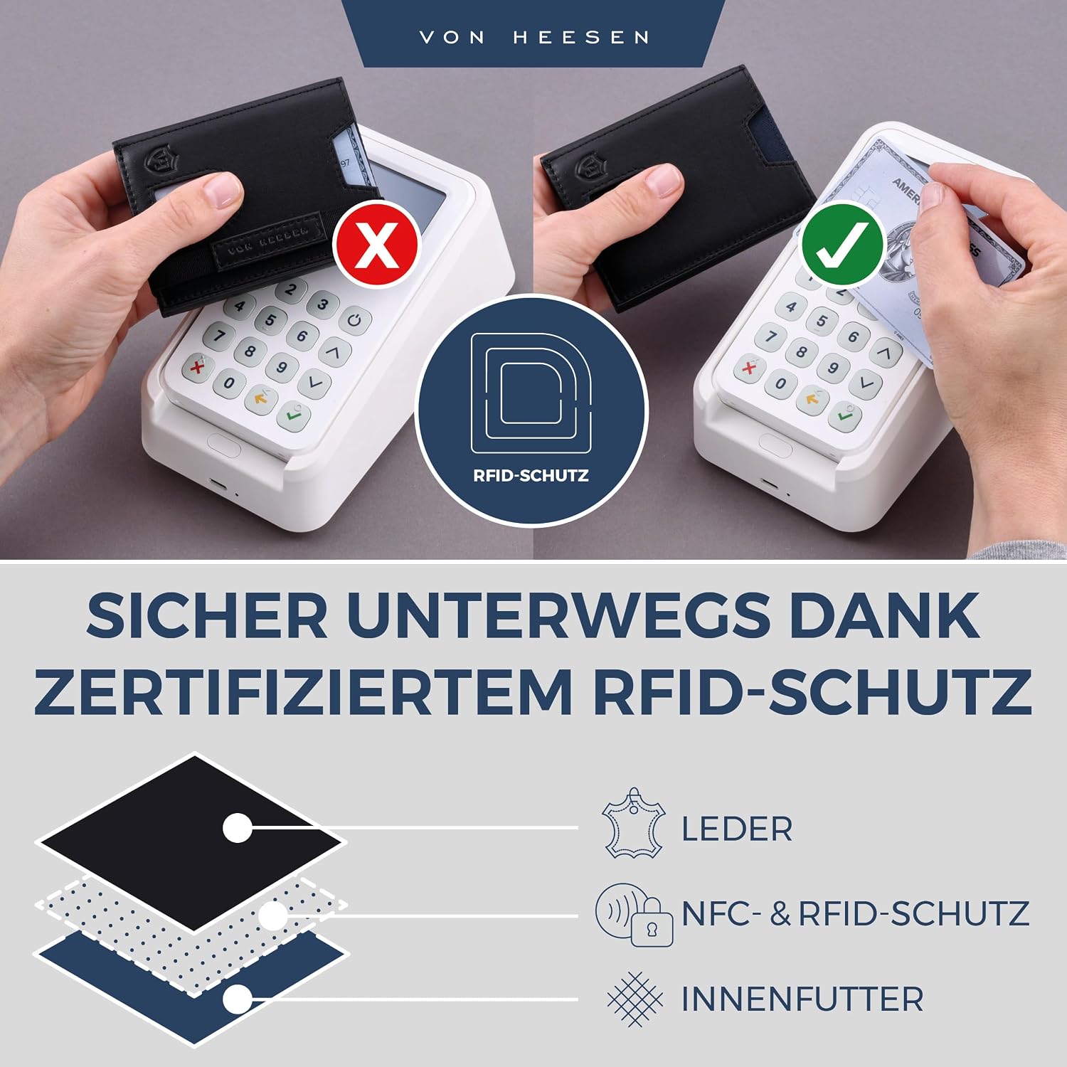 Thumbnail 2 de VON HEESEN Slim Wallet mit XL Münzfach & RFID-Schutz – Nappa-Leder Kartenetui klein (schwarz, glatt)