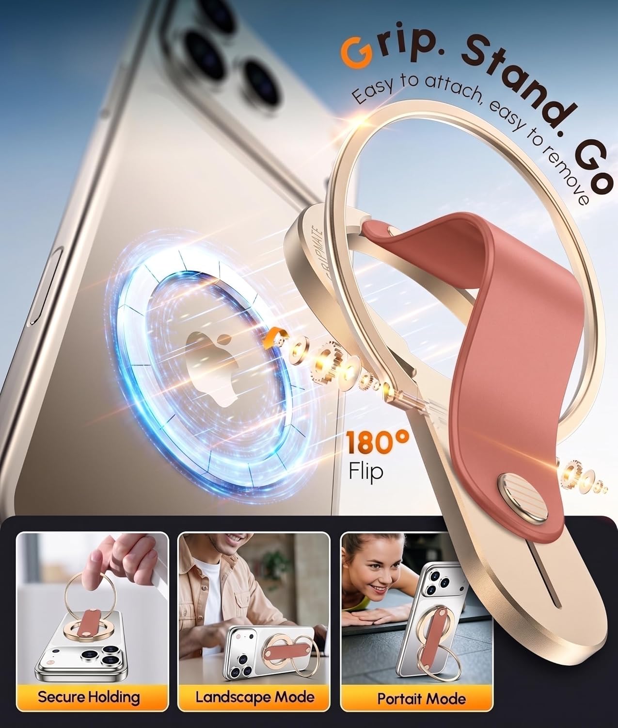 Detalle 2 de GripMate Magnetic Phone Holder, Slim Amber MagSafe Ring Grip & Stand