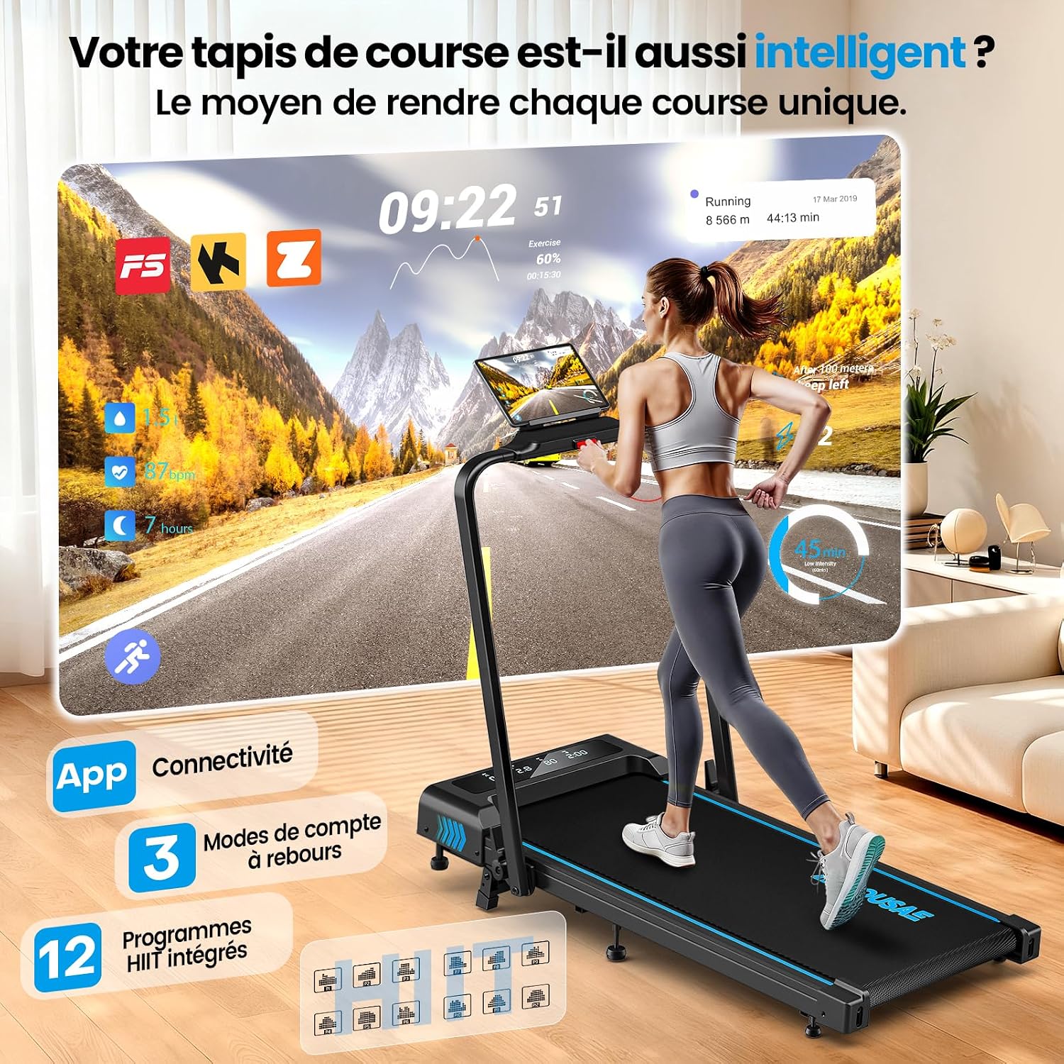 Detalle 2 de FOUSAE Tapis de Course 5 en 1 — pliable, 12 programmes HIIT prédéfinis, inclinaison 9%, 12 KM/H, moteur silencieux 2,75 CV