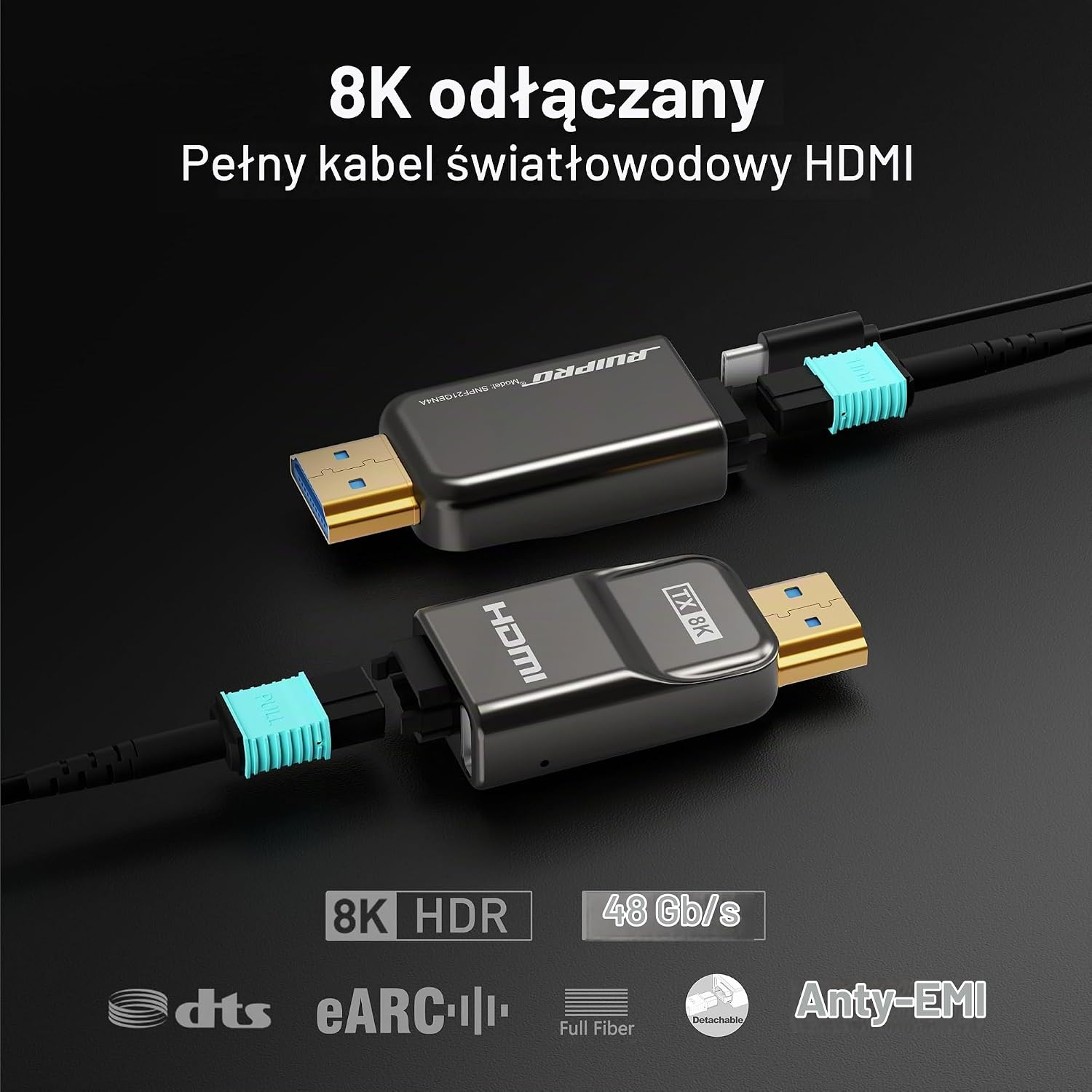 Detalle 2 de RUIPRO SNPF21GEN4AK-20 – światłowodowy kabel HDMI 2.1, 20 m, 48 Gb/s, odłączany