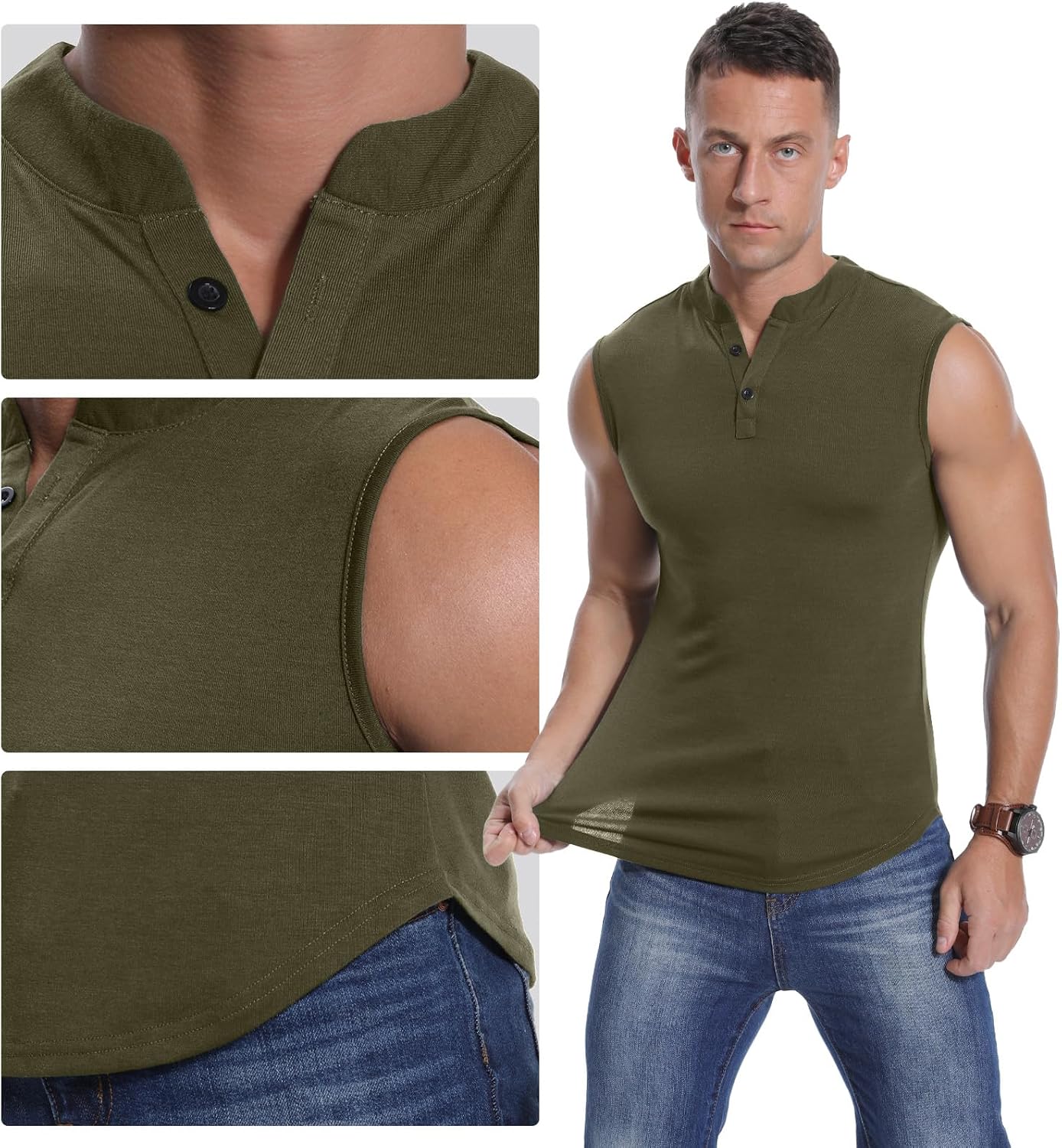 Detalle de PCEAIIH Men’s Sleeveless Henley Vest Sports Tank (65% rayon / 35% polyester) – slim fit running & gym top