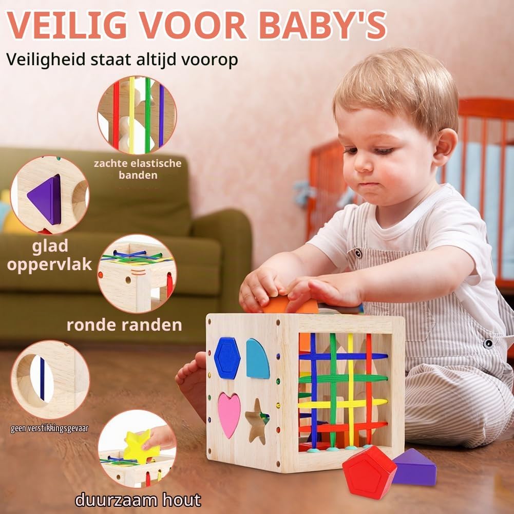 Detalle de Ainiv houten vormensorteerkubus met 8 kleurrijke blokken, vanaf 1 jaar