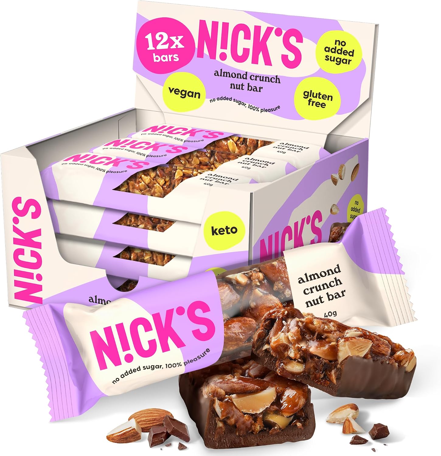 Detalle de N!CK'S Nut Bar Almond Crunch, Vegan Chocolate Snack, Multipack 12 x 40 g