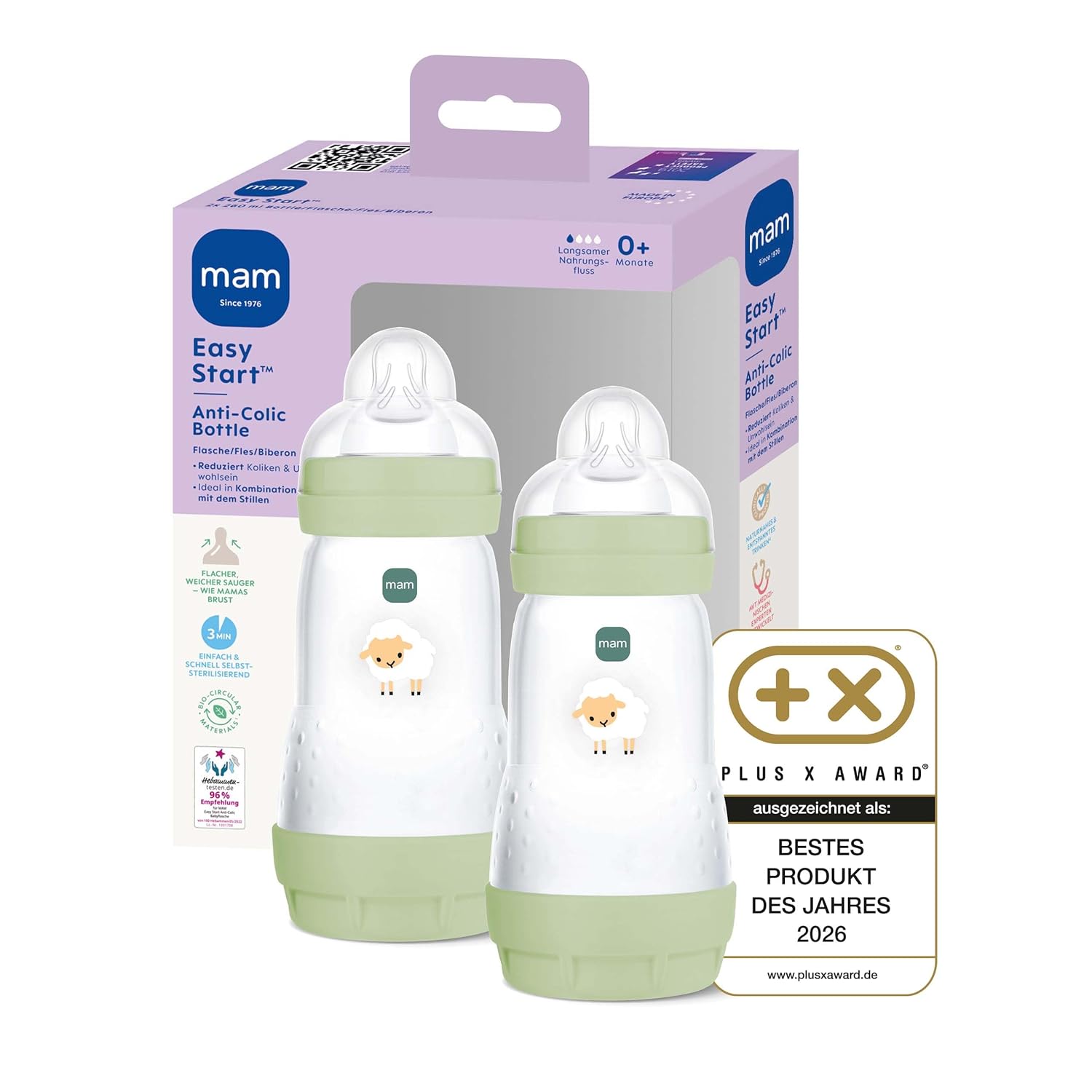 Detalle de MAM Easy Start Anti-Colic Babyflasche 260 ml – 0+ Monate, 2 Stück, Schaf-Design