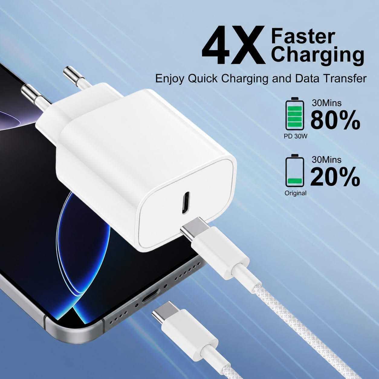 Thumbnail 2 de Bimker chargeur rapide USB-C 30 W pour iPhone 17/16 Pro et iPad (câble USB-C 2 m nylon tressé)