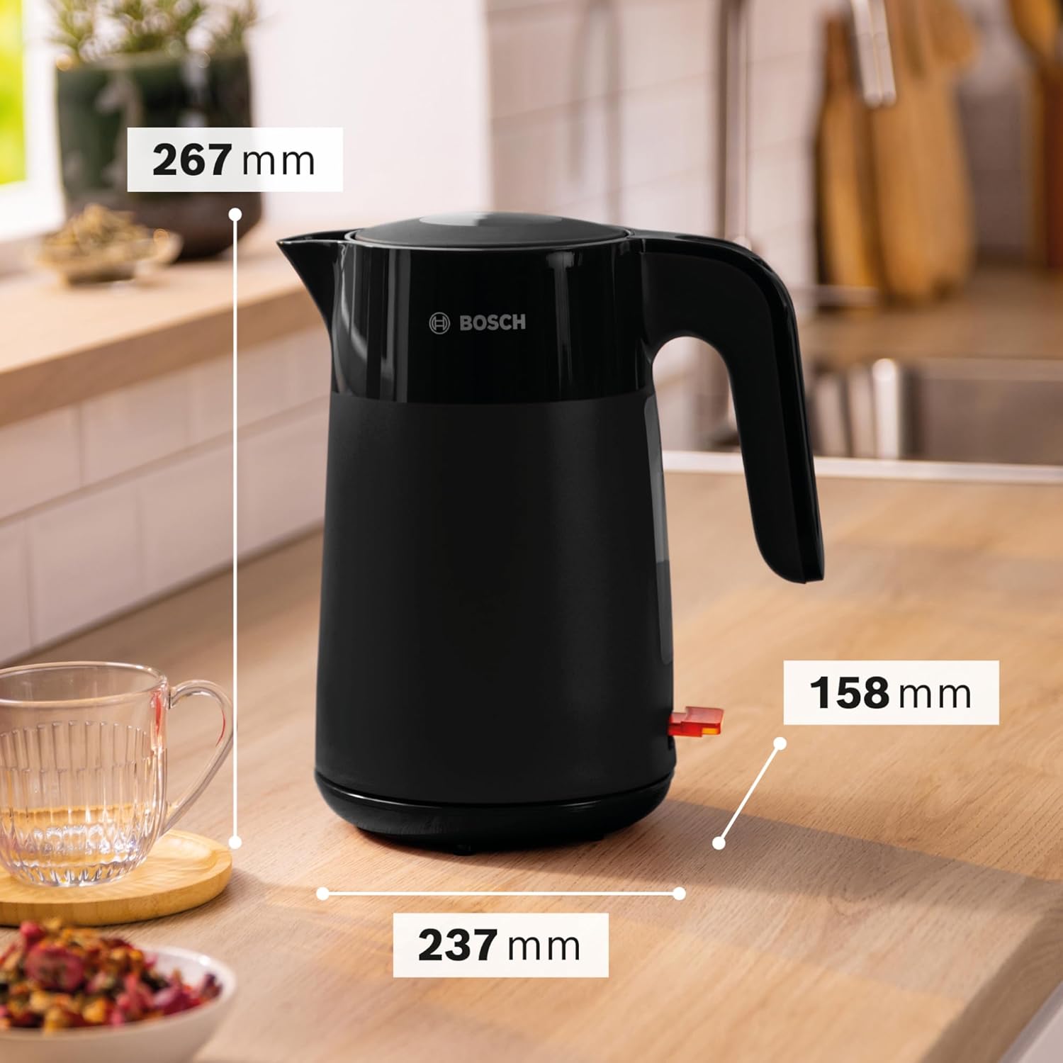 Detalle de Bosch MyMoment TWK2M163 kabelloser Wasserkocher – 1,7 L, 2400 W, matt Schwarz
