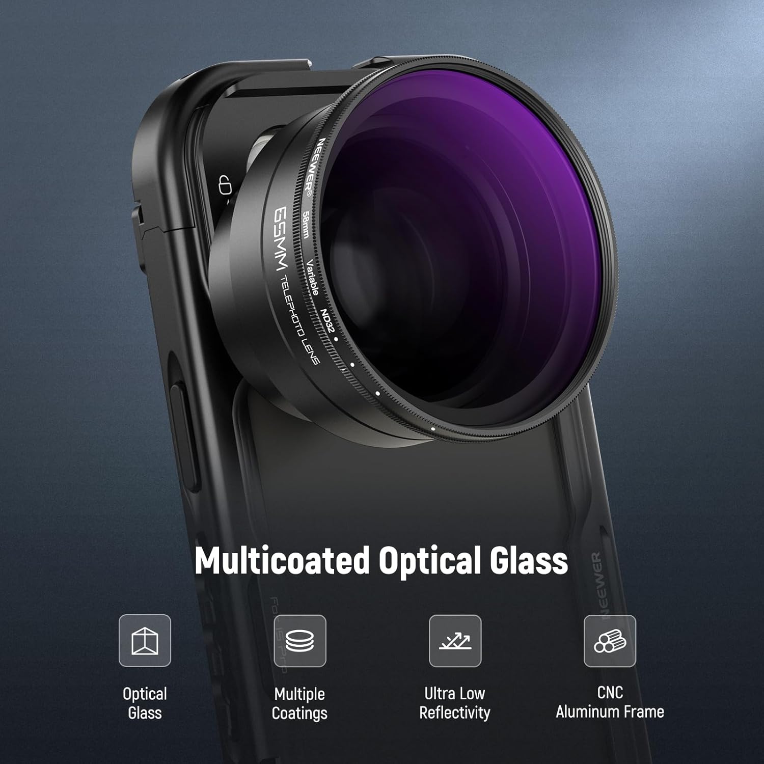 Thumbnail 6 de NEEWER 58mm Variabler ND Filter mit 62mm Gegenlichtblende – ND2-32, 1–5 Stops, für 58mm Kameralinsen und 65mm Teleobjektiv für Smartphones