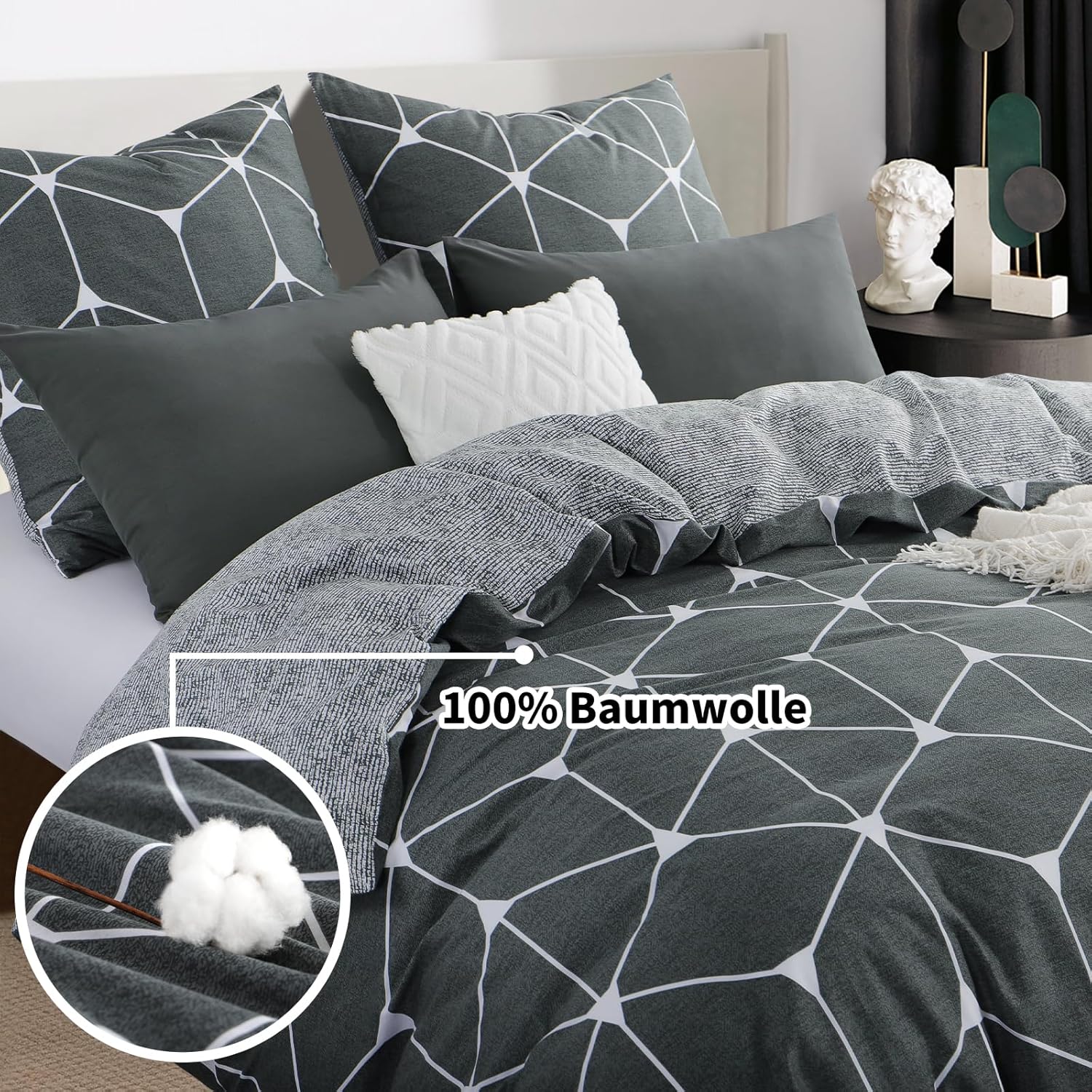 Thumbnail 2 de RUIKASI Bettwäsche 220x240 Baumwolle 3-teilig Anthrazit – Geometrie Muster, Wendefunktion