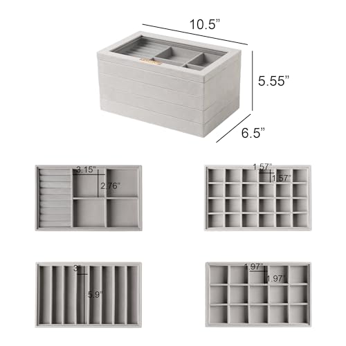 Detalle de Frebeauty Organizador de joyas 5 en 1 apilable con tapa de cristal y forro de terciopelo