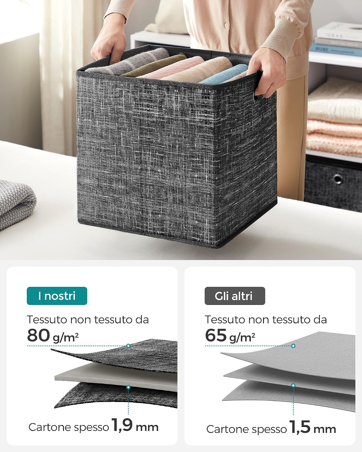 Detalle de SONGMICS RFB033B01, set di 6 scatole portaoggetti in tessuto non tessuto con manico (33 x 33 x 33 cm)