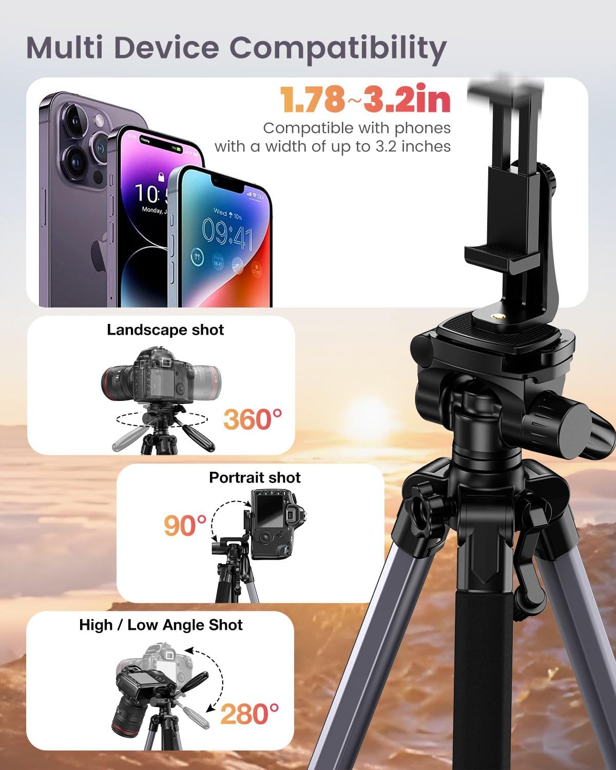 Detalle de CAMBOFOTO 74″ Aluminum Camera Tripod with 360° Pan Head & Phone Mount