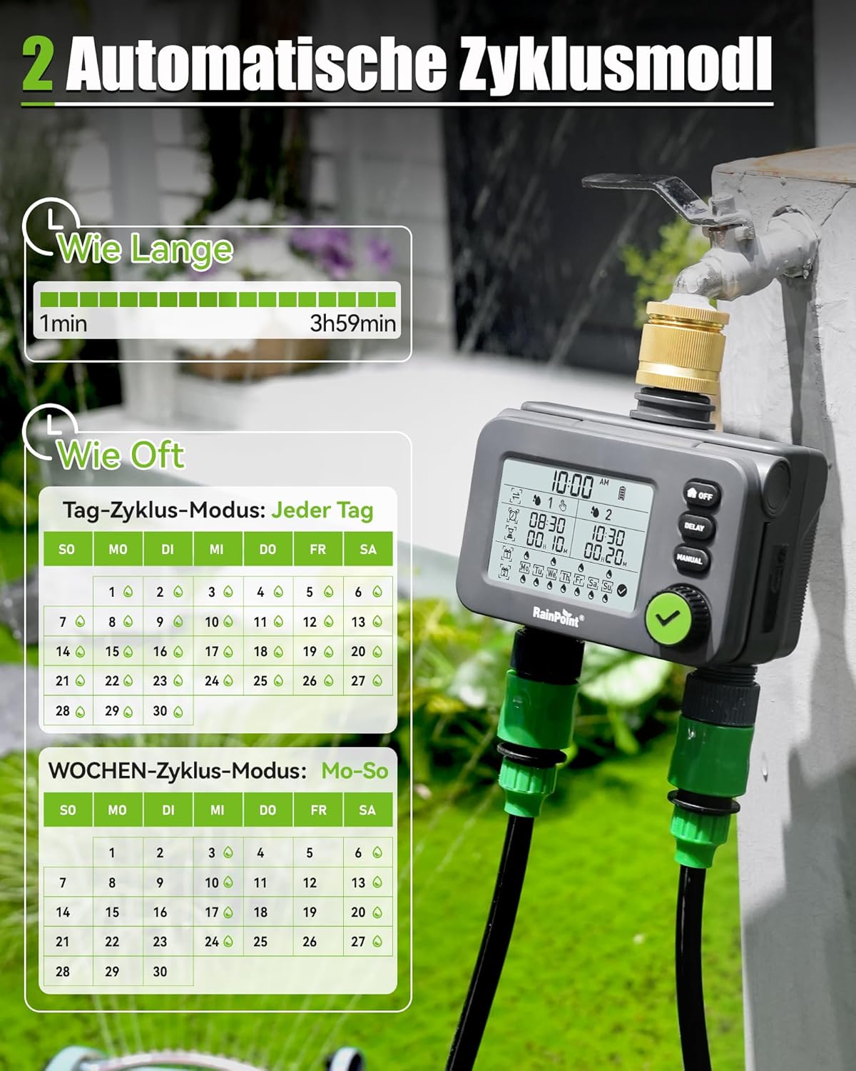 Thumbnail 2 de RAINPOINT Timer per irrigazione digitale a 2 uscite con ingresso in ottone e ritardo pioggia