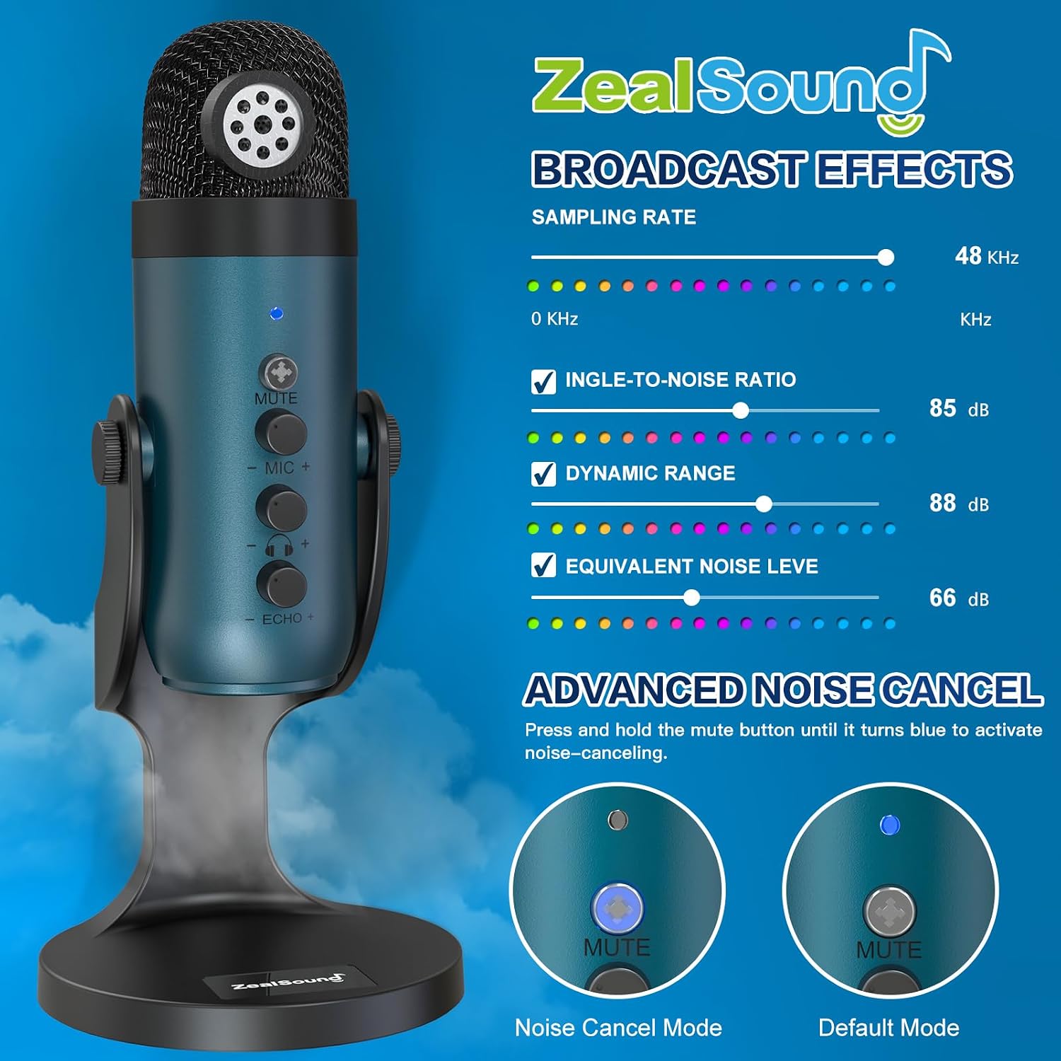 Detalle de ZealSound K66 USB Condenser Microphone, Teal, with Monitoring and Echo Control