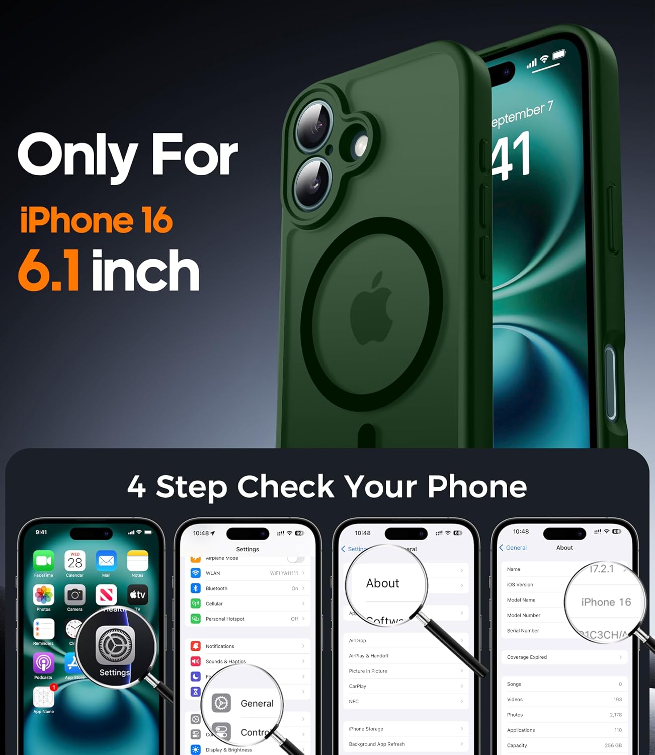 Detalle 2 de FLLAO for iPhone 16 Case with Mag-safe and 2x Glass Screen Protector – Slim Green Bumper