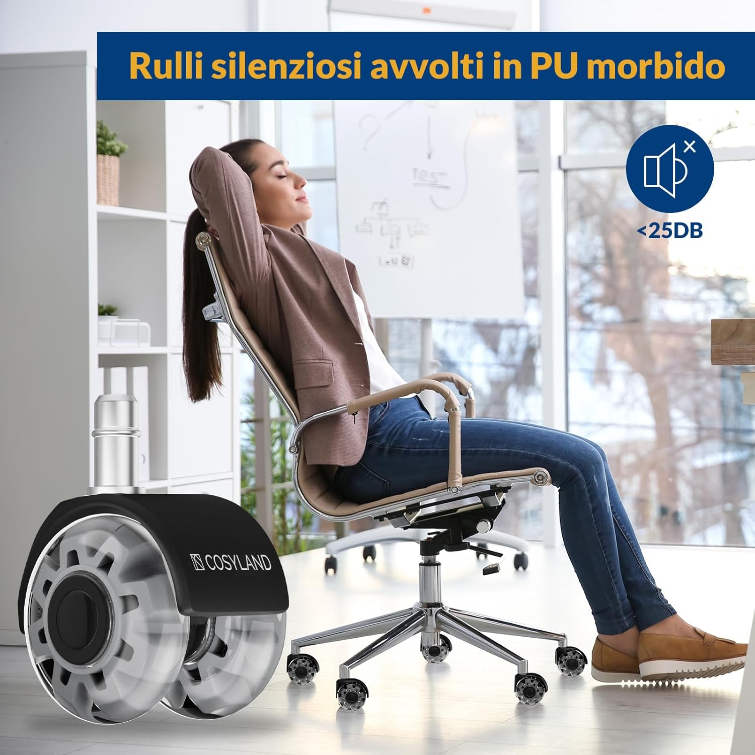 Thumbnail 6 de COSYLAND Rotelle doppie argento trasparente per sedia ufficio – 10 mm, rotazione 360° e pavimenti delicati
