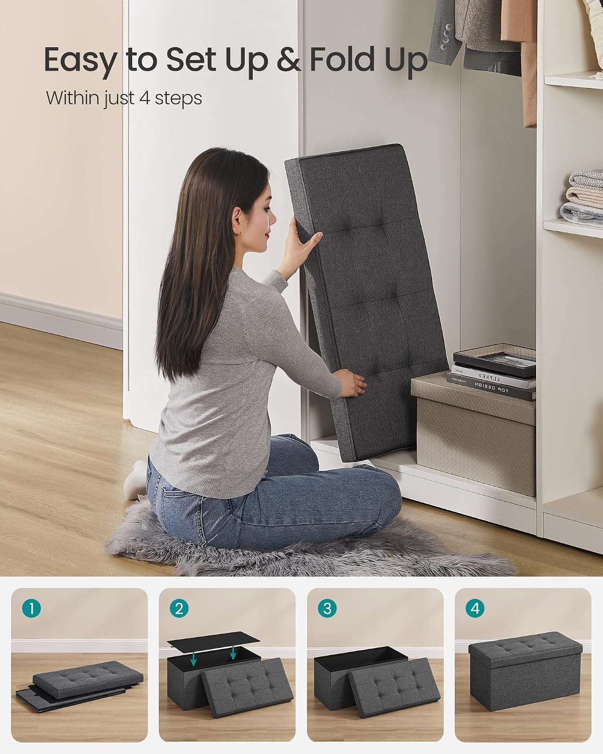 Detalle 2 de SONGMICS Folding Storage Ottoman Bench 30 Inches