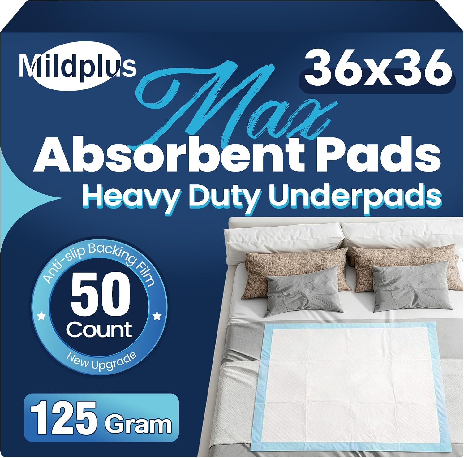 MILDPLUS Heavy Duty Underpad 36x36 (50 Count) — Extra Large, Ultra Absorbent Bed Pads