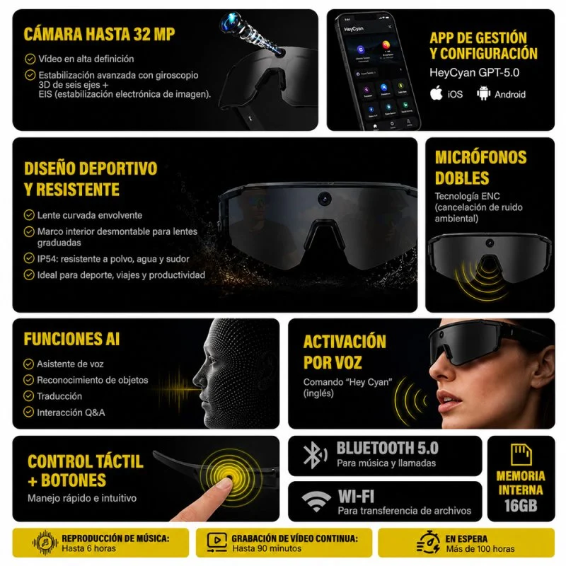 Detalle de Owlotech Vision Sport AI: Gafas Deportivas 32MP con traducción y streaming