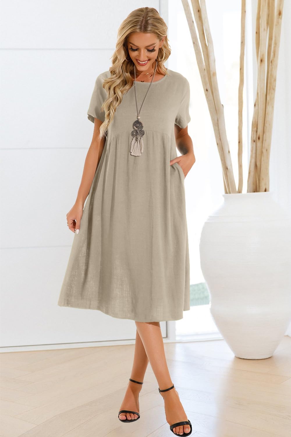 Thumbnail 4 de Tincini Sommerkleid Damen – Leinen Midi mit V-Ausschnitt, Reißverschluss und A-Linie