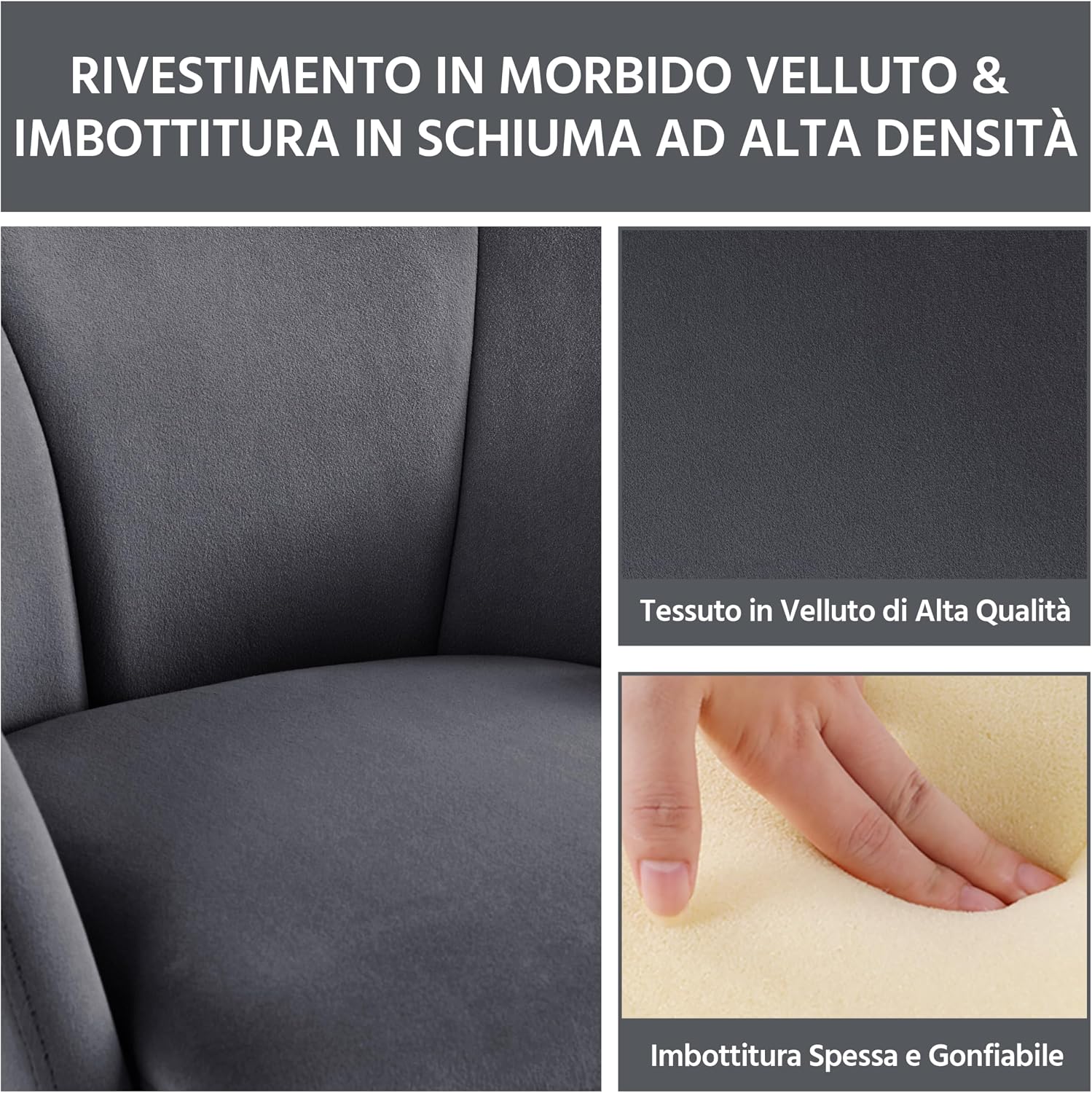 Thumbnail 3 de Yaheetech Poltroncina imbottita in velluto con schienale circolare e braccioli, grigio scuro (portata 136 kg)