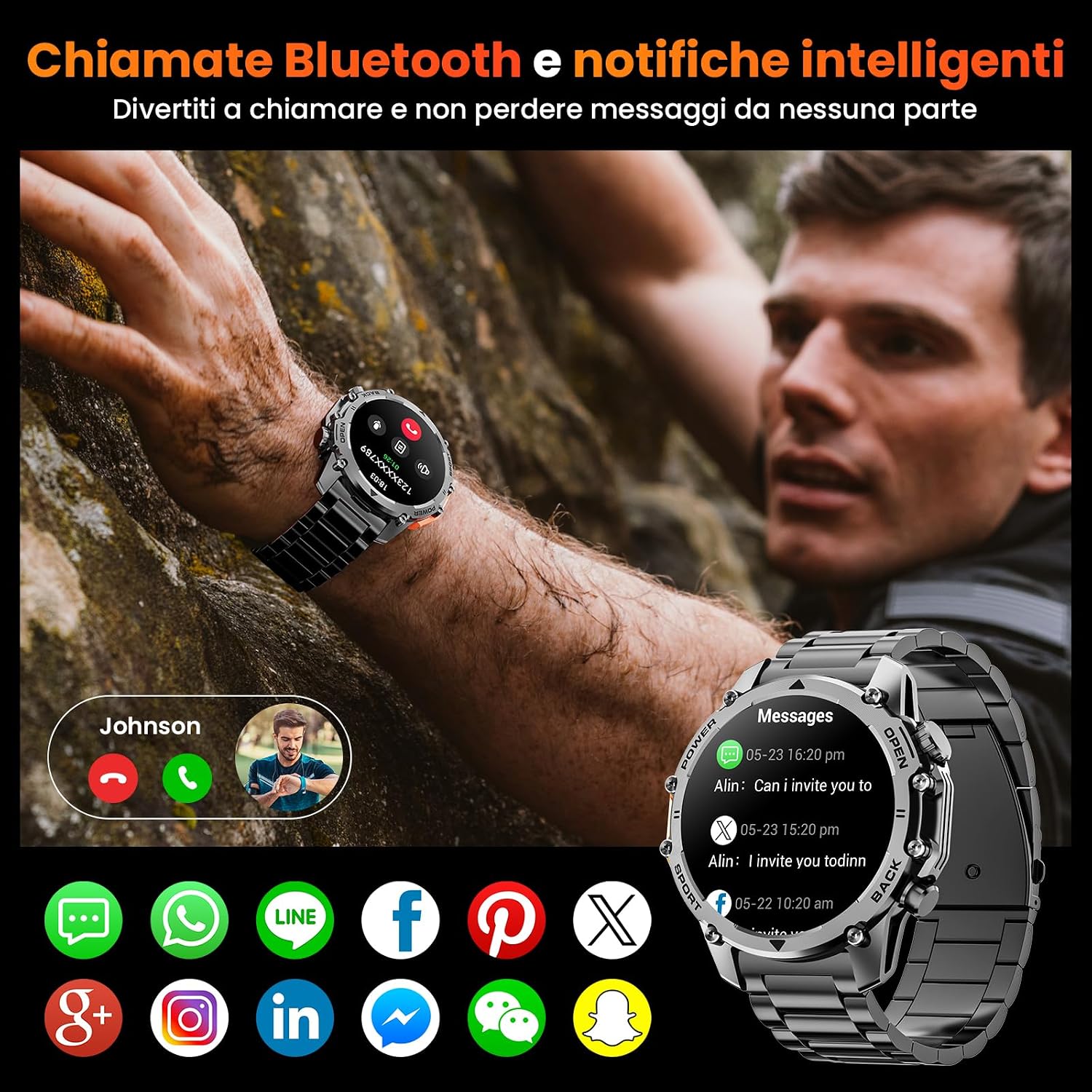Detalle de Smartwatch Uomo con Torcia Militare 1,52'': stile rugged, 500 mAh e 120+ sport