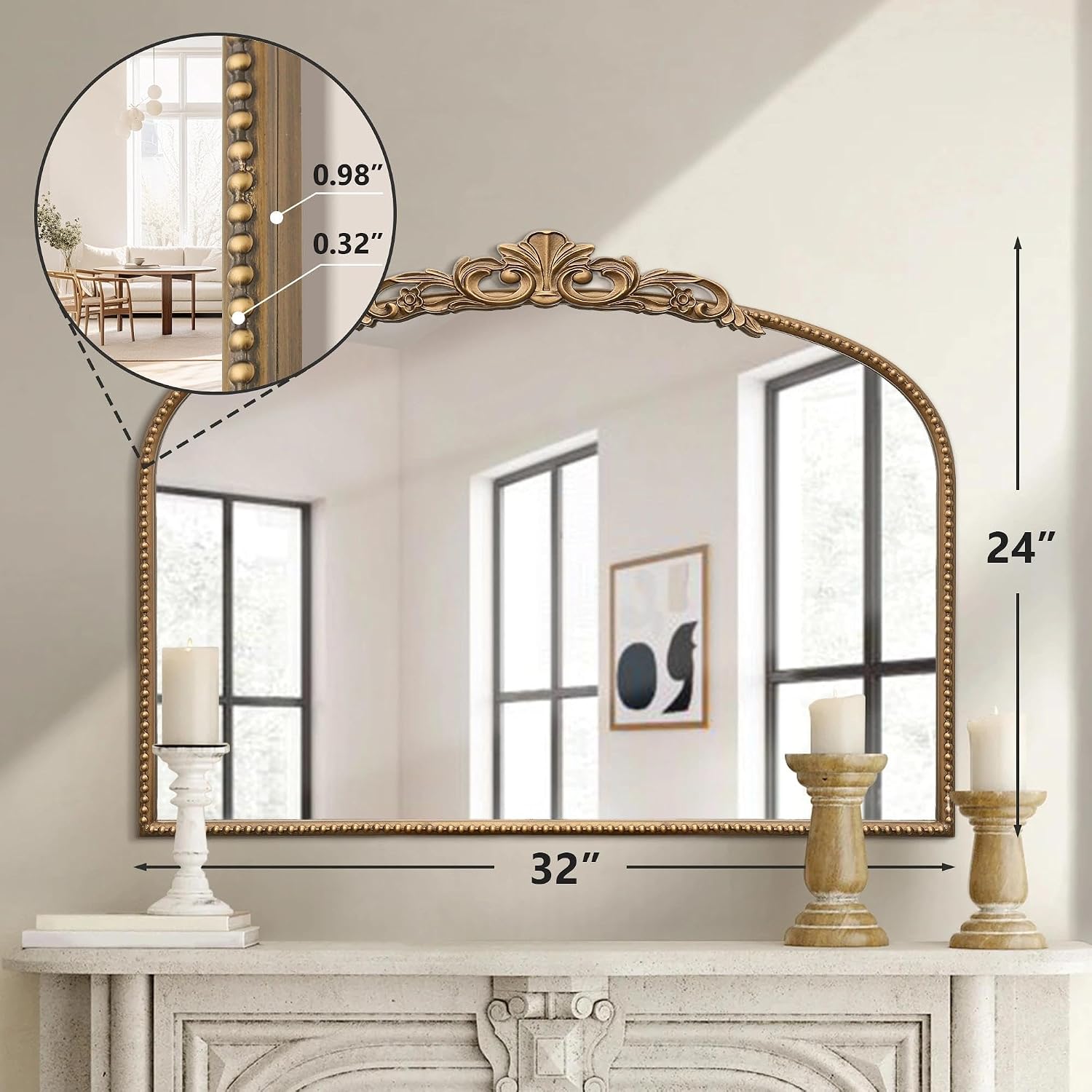 Detalle de Micasso Vintage Wall Gold Mirror: 32x24" French Baroque Antique Beveled Arch